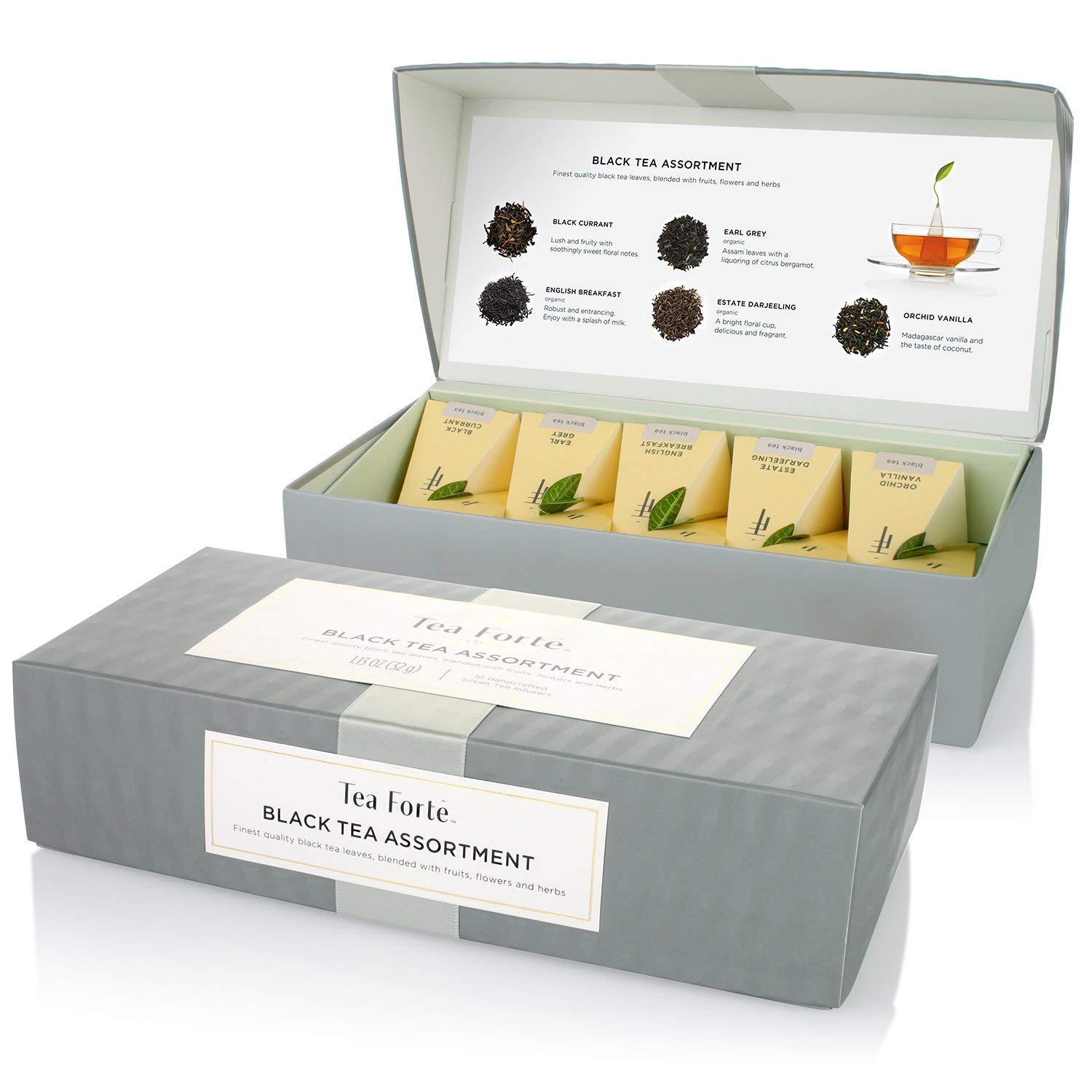 Tea Forte Surtido de té negro, caja de presentación pequeña, juego de muestrario de té con 10 infusores de té en forma de pirámide hechos a mano