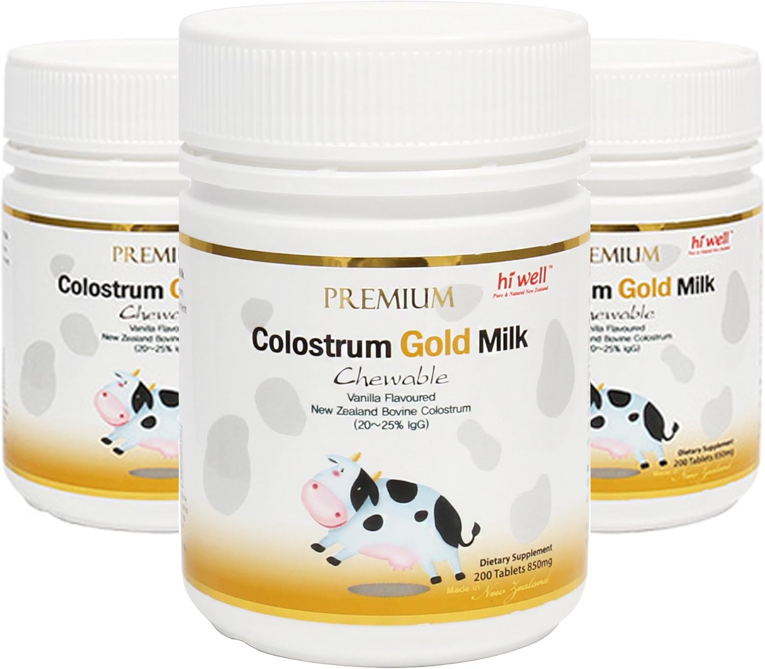 Hi Well Premium New Zealand Bovine Calostrum Gold Milk 200 comprimidos masticables Inmunoglobulina G (Igg) 2025% (Paquete de 3)