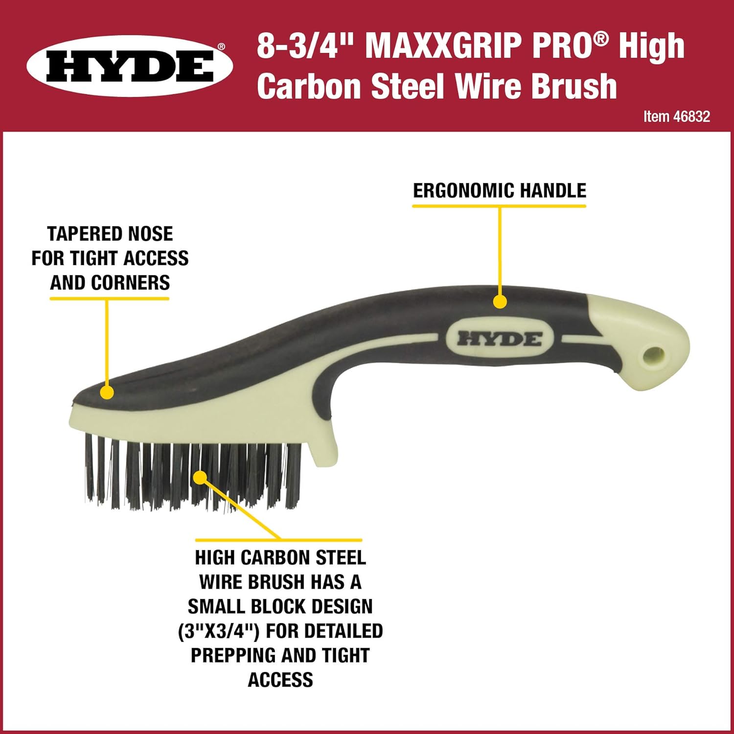 Hyde – 46833 Hyde 46832 Cepillo de alambre de acero de alto carbono, 8-34 pulgadas con nariz cónica, MAXXGRIP PRO