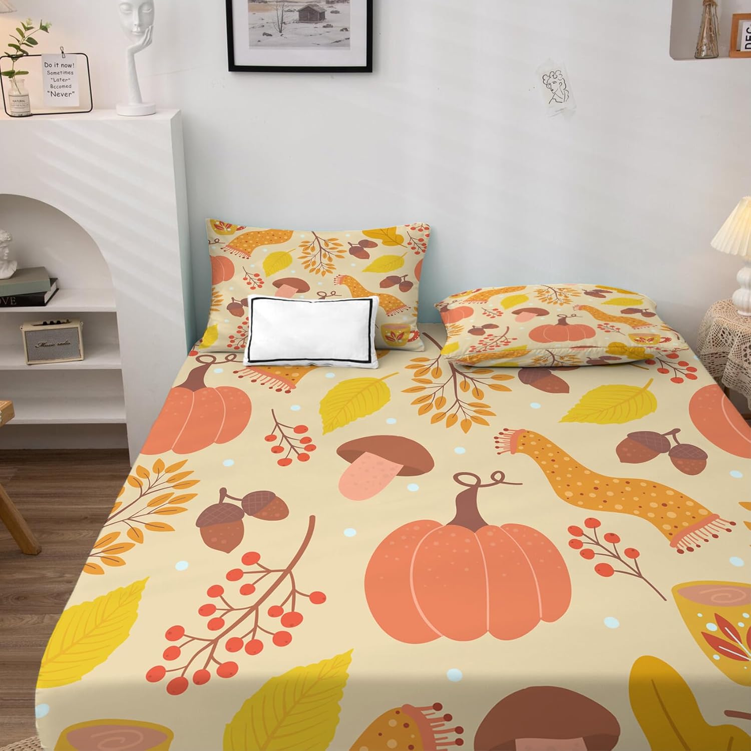 zcsm Juego de sábanas para decoración de otoño, sábanas de microfibra suave, bolsillo profundo, sábanas y fundas de almohada estampadas sin arrugas,