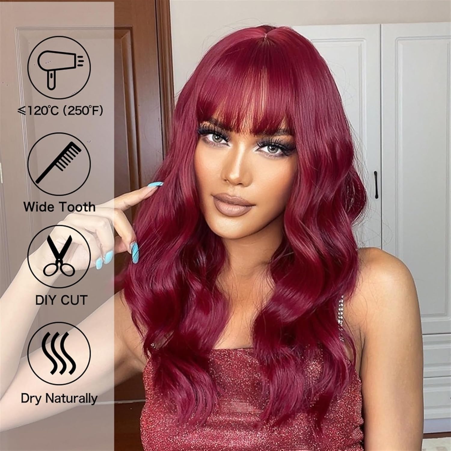 Pelucas sintéticas largas y rizadas de color rojo vino burdeos con flequillo, peluca ondulada de longitud media para mujer, afro natural, resistente