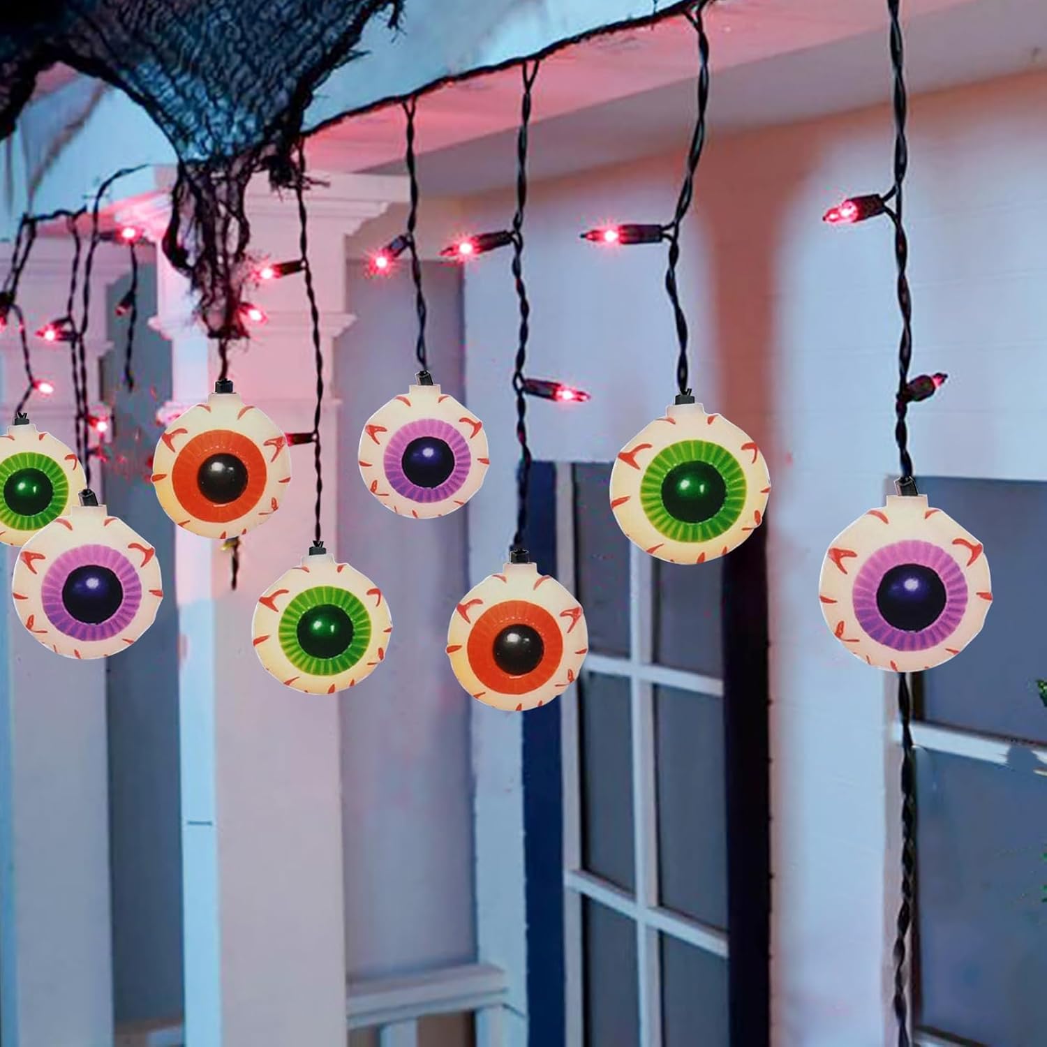 Guirnalda de luces de globos oculares de 7 pies con 10 luces multicolor (15 mini lámparas moradas), certificación UL, resistente al agua para