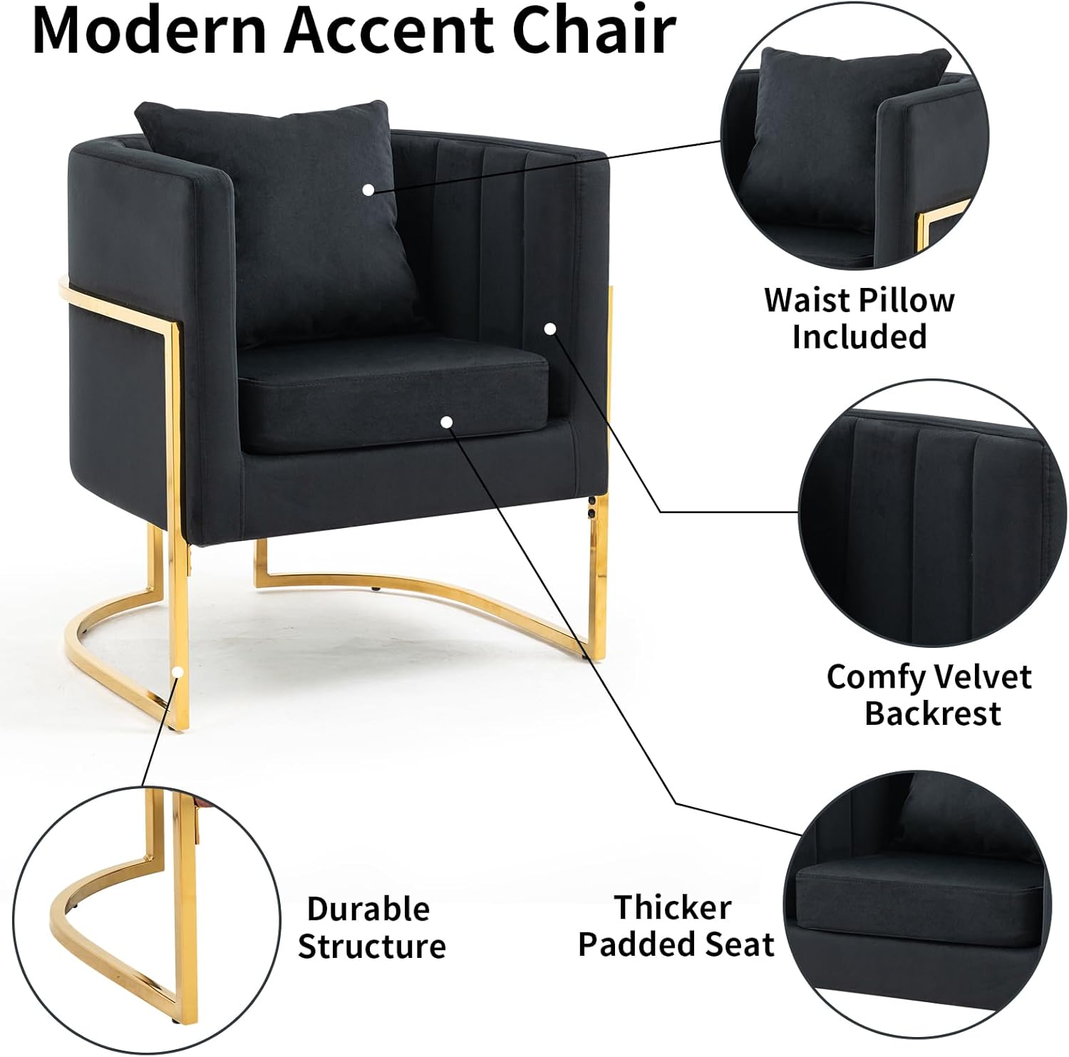 Newnno Silla decorativa moderna de terciopelo, sillón tapizado de mediados de siglo con almohada para sala de estar, cómoda silla de tocador