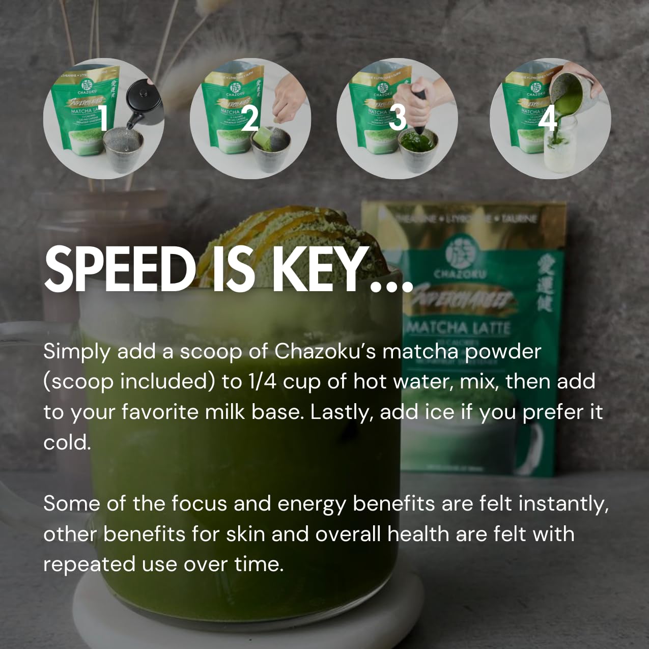 Chazoku Polvo de café con leche de matcha supercargado, auténtico origen japonés, matcha súper ceremonial, endulzado con fruta de monje (bolsa de 15