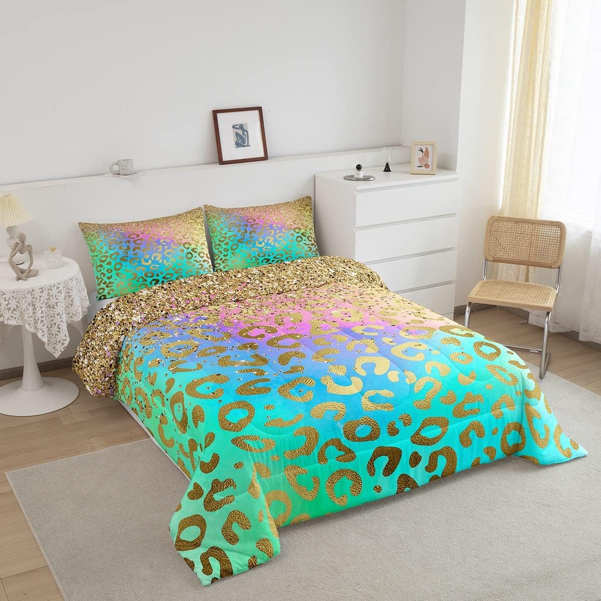 Feelyou Juego de edredón de leopardo dorado con purpurina, juego de ropa de cama con estampado de animales salvajes, juego de edredón acolchado de