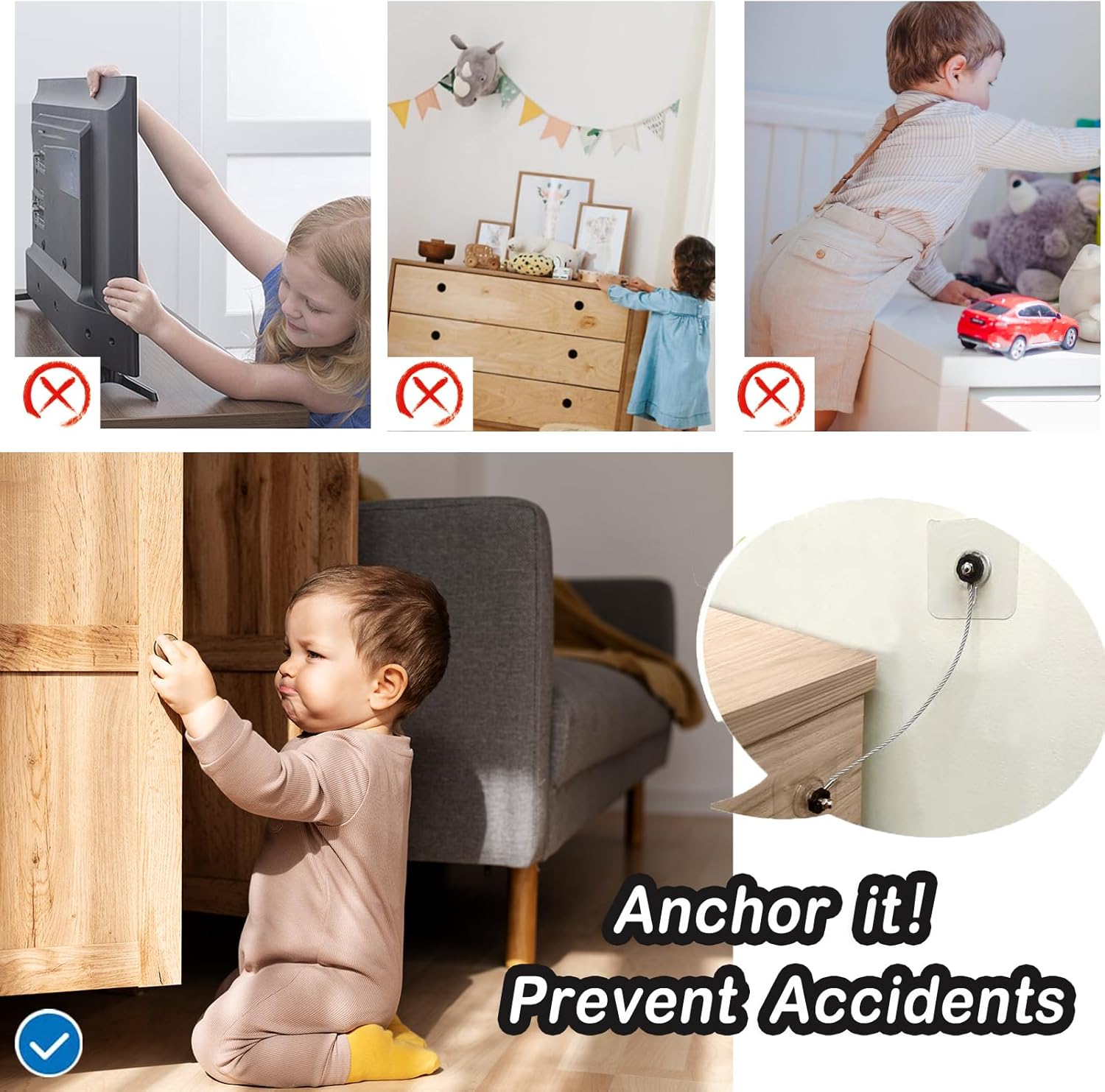 Anclajes para muebles a prueba de bebés (16 piezas) correas de seguridad adhesivas para TV, correas de pared para muebles mejoradas sin taladro,