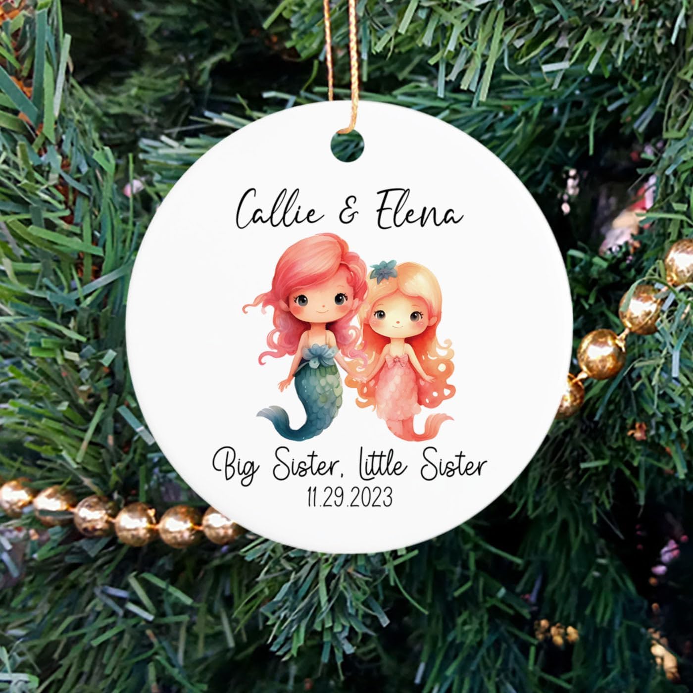 Adorno de Navidad personalizado para hermana mayor, hermana pequeña, sirena, árbol de Navidad, regalo con nombres y fecha personalizados, adornos de