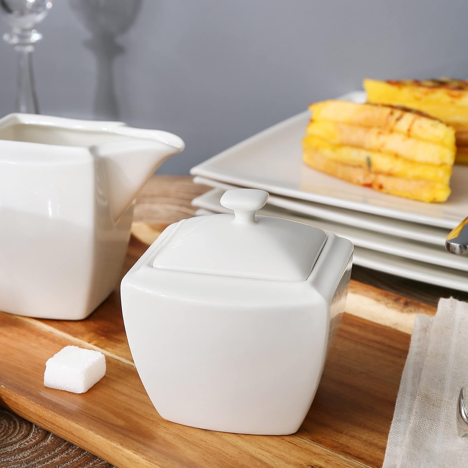 MALACASA Juego de azúcar y crema, juego de porcelana blanca para café, té y leche, jarra de leche de 1 pieza y 1 juego de azucarera con tapa, serie