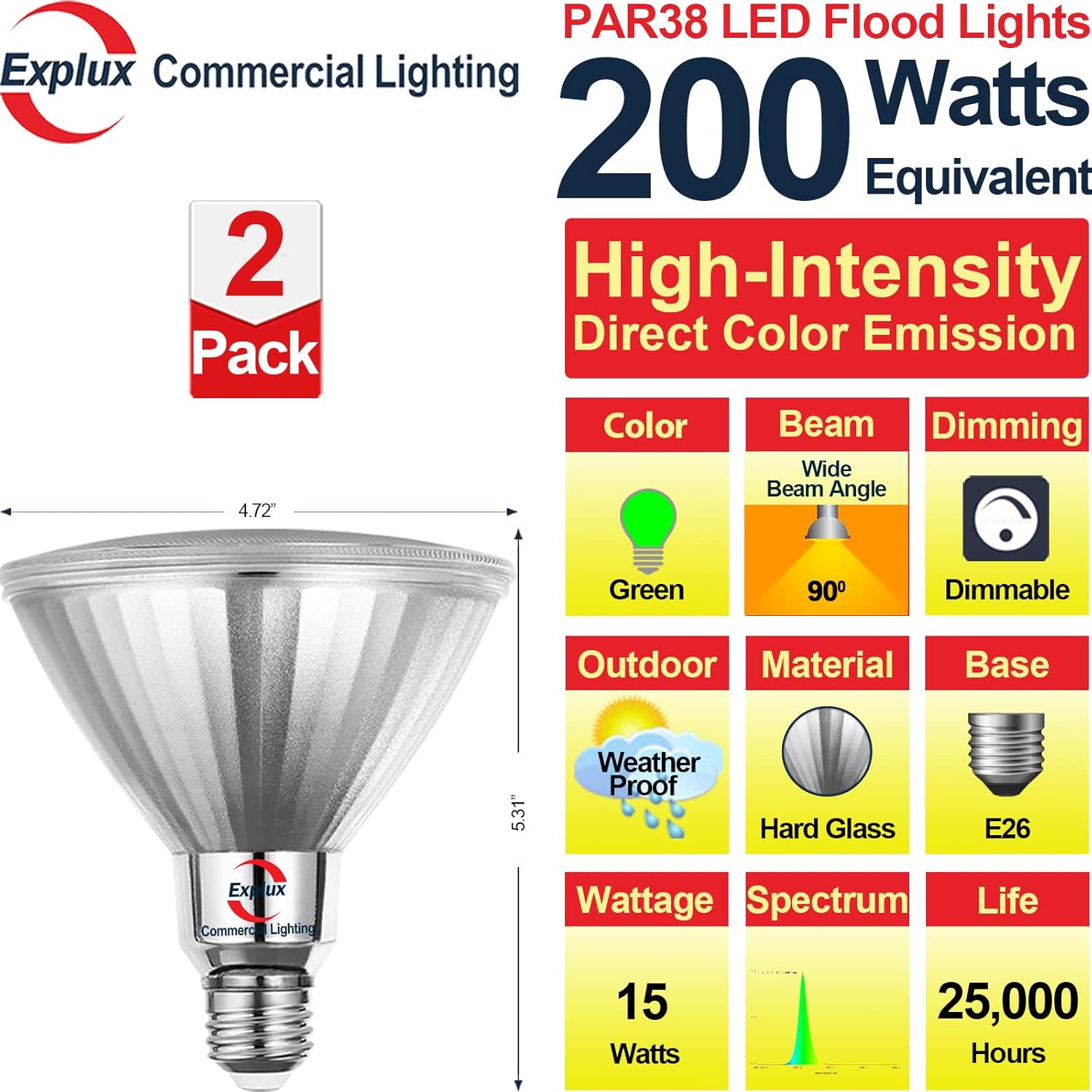 Explux – Bombillas LED PAR38 de alta intensidad equivalente a 200 W, vidrio completo, resistente a la intemperie y antienvejecimiento, regulable,