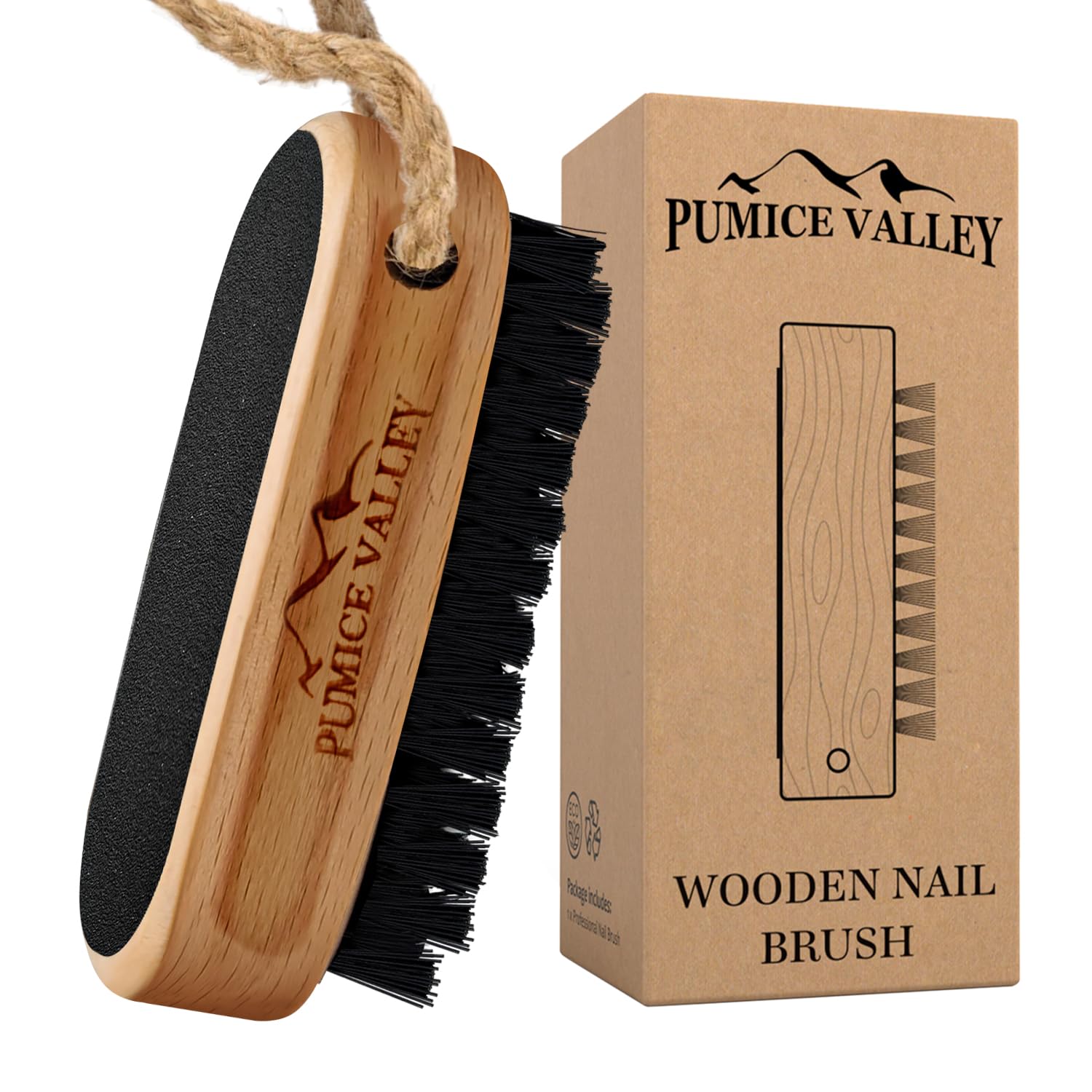Cepillo de limpieza de madera para uñas con cerdas de carbón de nailon y cuerda para colgar, superficie de esmeril y cepillo de uñas para frotar las