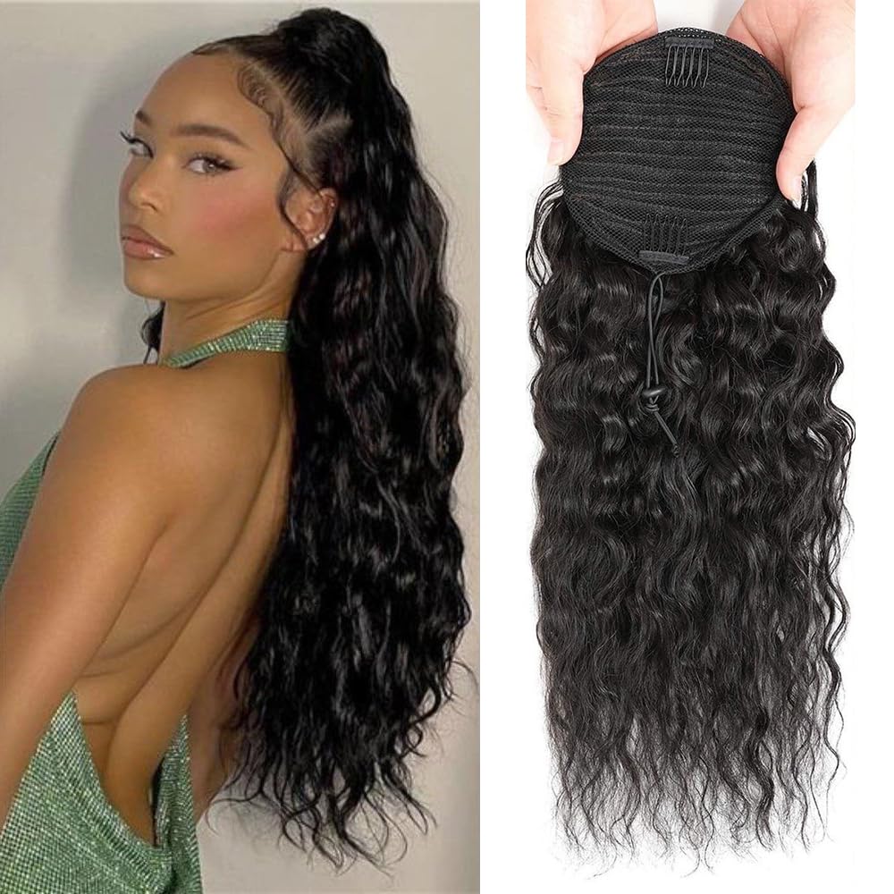 Extensión de cabello humano con cordón de 16 pulgadas, color negro natural para mujer, extensiones de cola de caballo con clip, extensiones de cola