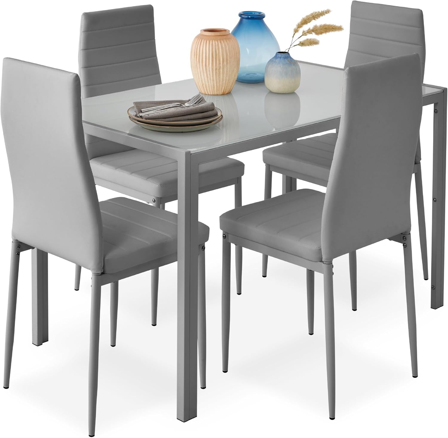 Best Choice Products Juego de comedor de cristal de 5 piezas, muebles de mesa de cocina modernos para comedor, comedor, compacto que ahorra espacio
