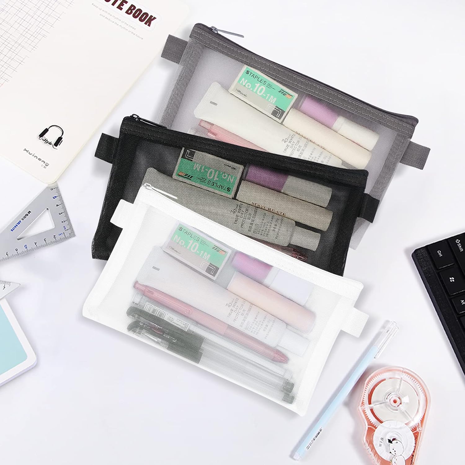 Toplive Juego de 3 estuches para lápices, bolsa transparente para lápices de examen, bolsa de malla con cremallera para bolígrafos, bolsa de