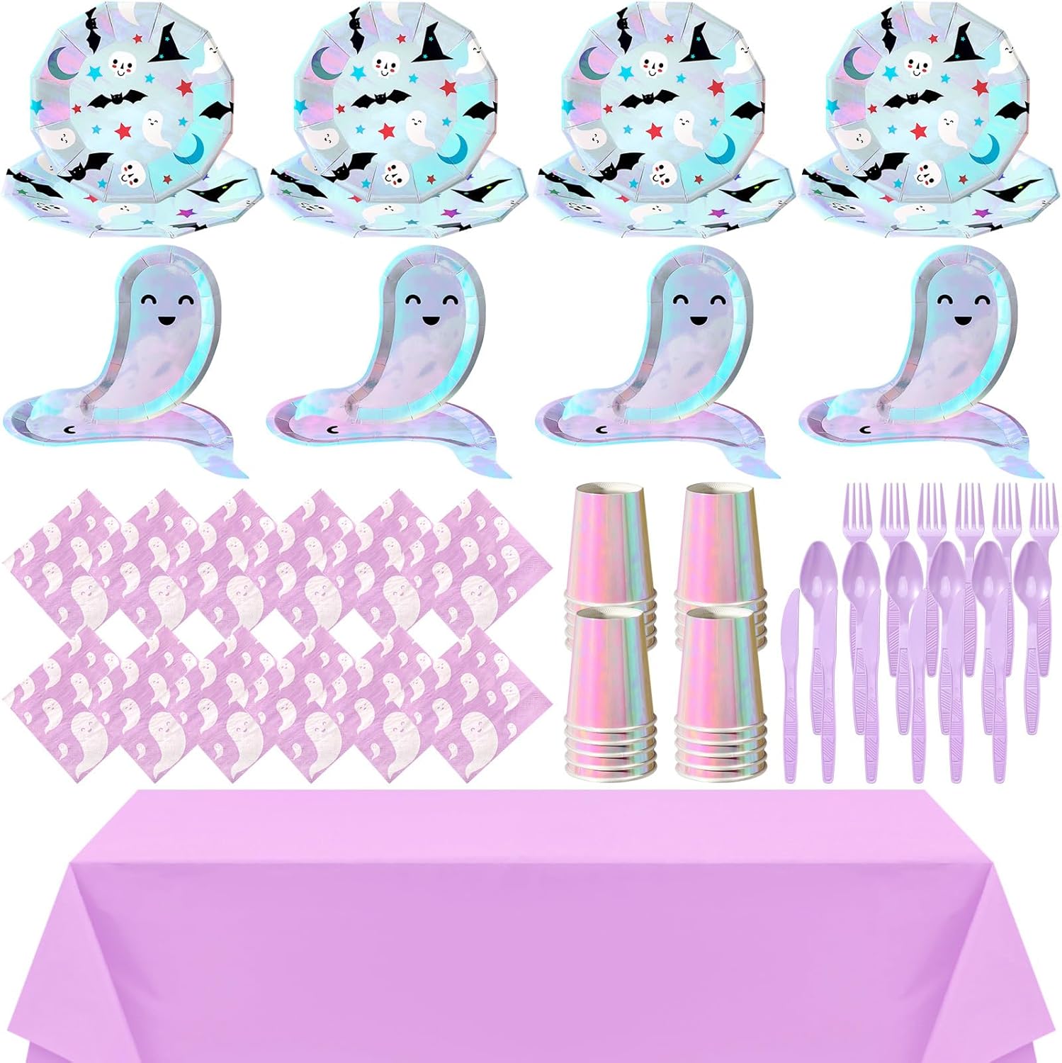 Jetec Juego de vajilla desechable de 69 piezas de Halloween, platos de papel redondos desechables con servilletas, vasos de papel, mantel, tenedor