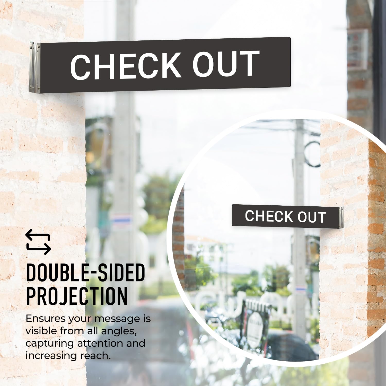 Check Out – Letrero de proyección de doble cara, 2 x 10 pulgadas, ACM, con accesorio plateado satinado de níquel cepillado, fabricado en Estados