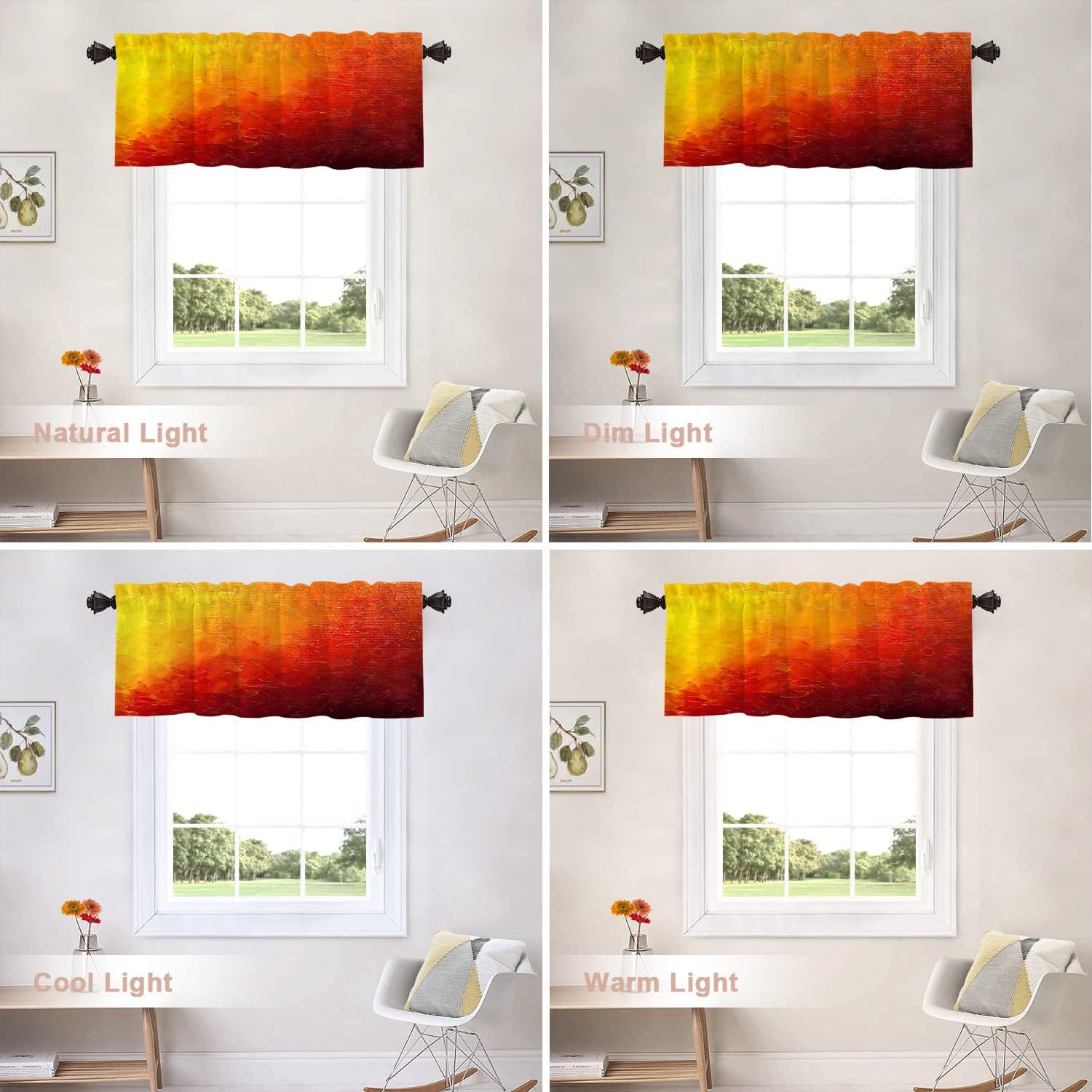 Shrahala Cenefas de cocina estilo grunge rojo naranja, color naranja degradado, pintura al óleo retro grunge, cortina de media ventana, tratamiento