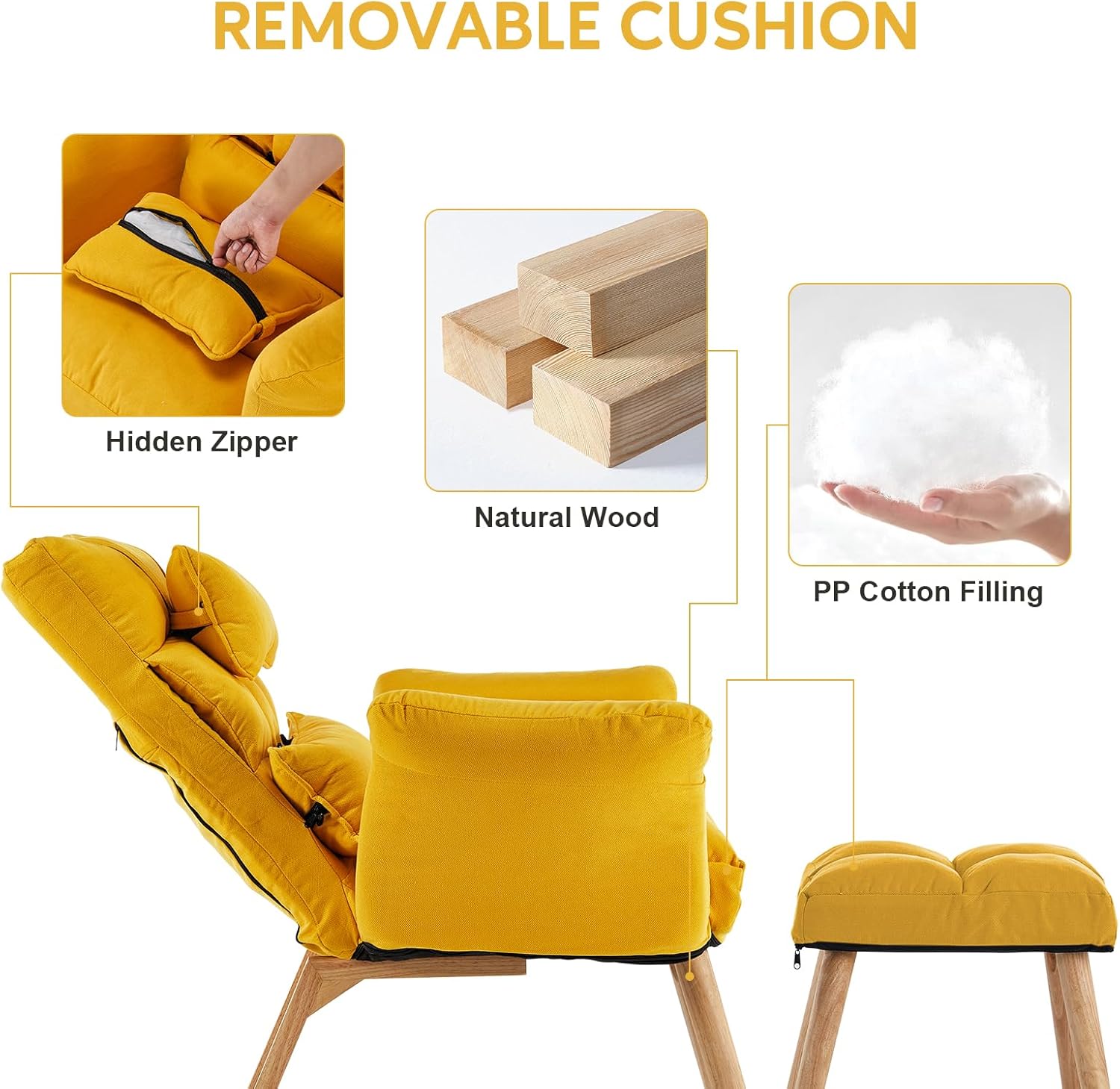 CLIPOP Silla decorativa moderna con otomana, sillón de tela de lino con respaldo ajustable (5 ángulos), patas de madera maciza, cómoda silla de