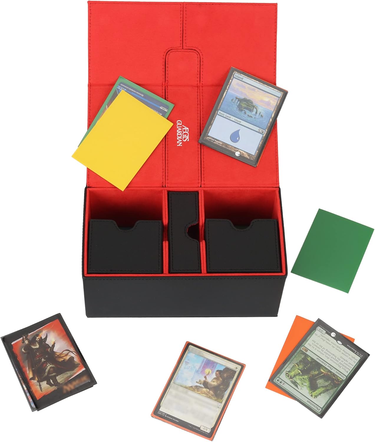 AEGIS GUARDIAN – Caja de cartas para MTG con 3 bandejas, caja de cubierta Commander con capacidad para más de 200 cartas de doble manga, piel