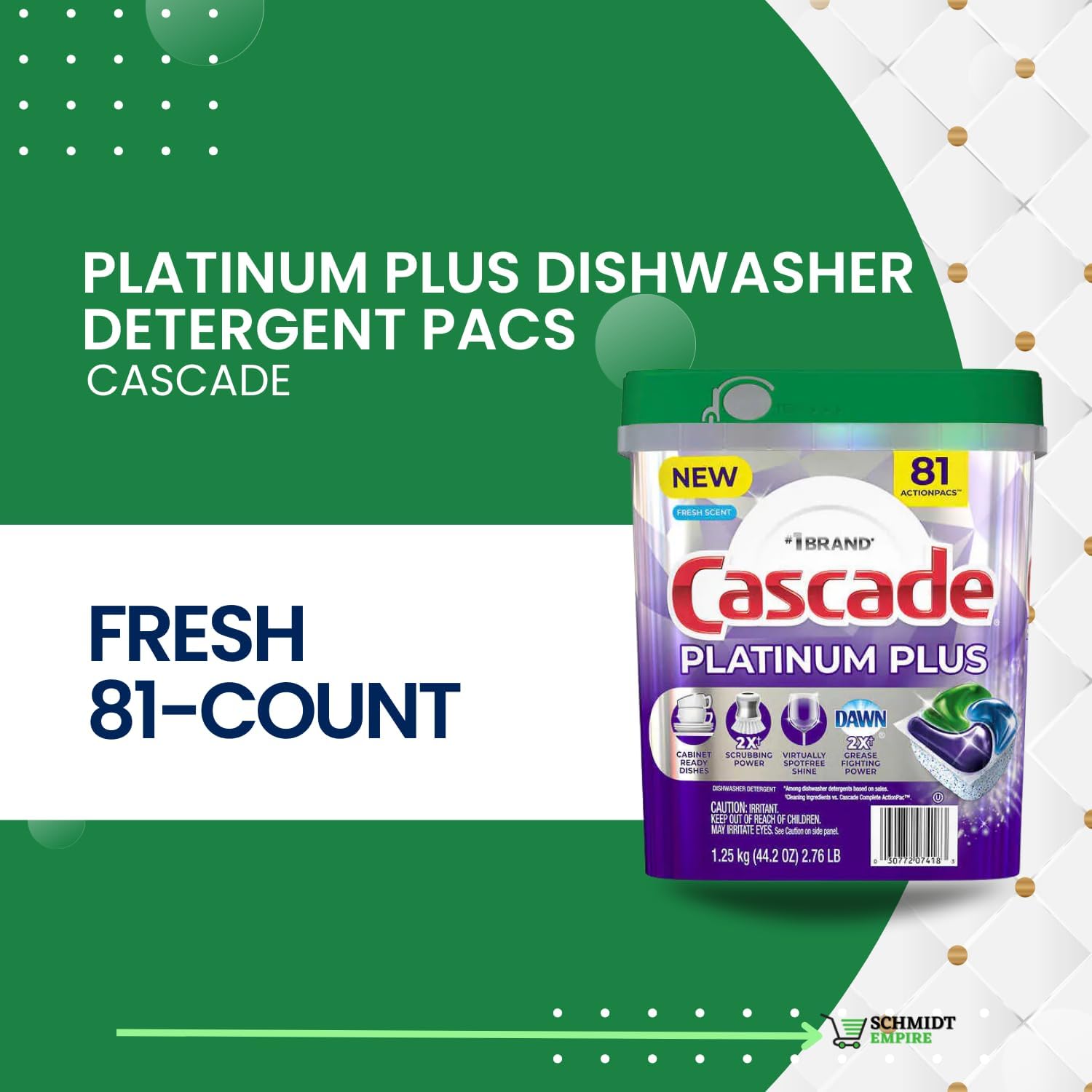 Cascade Platinum Plus – Paquete de detergente para lavavajillas, 81 unidades + esponja de limpieza + 1 protector de tarjeta SchmiidtEmpire +