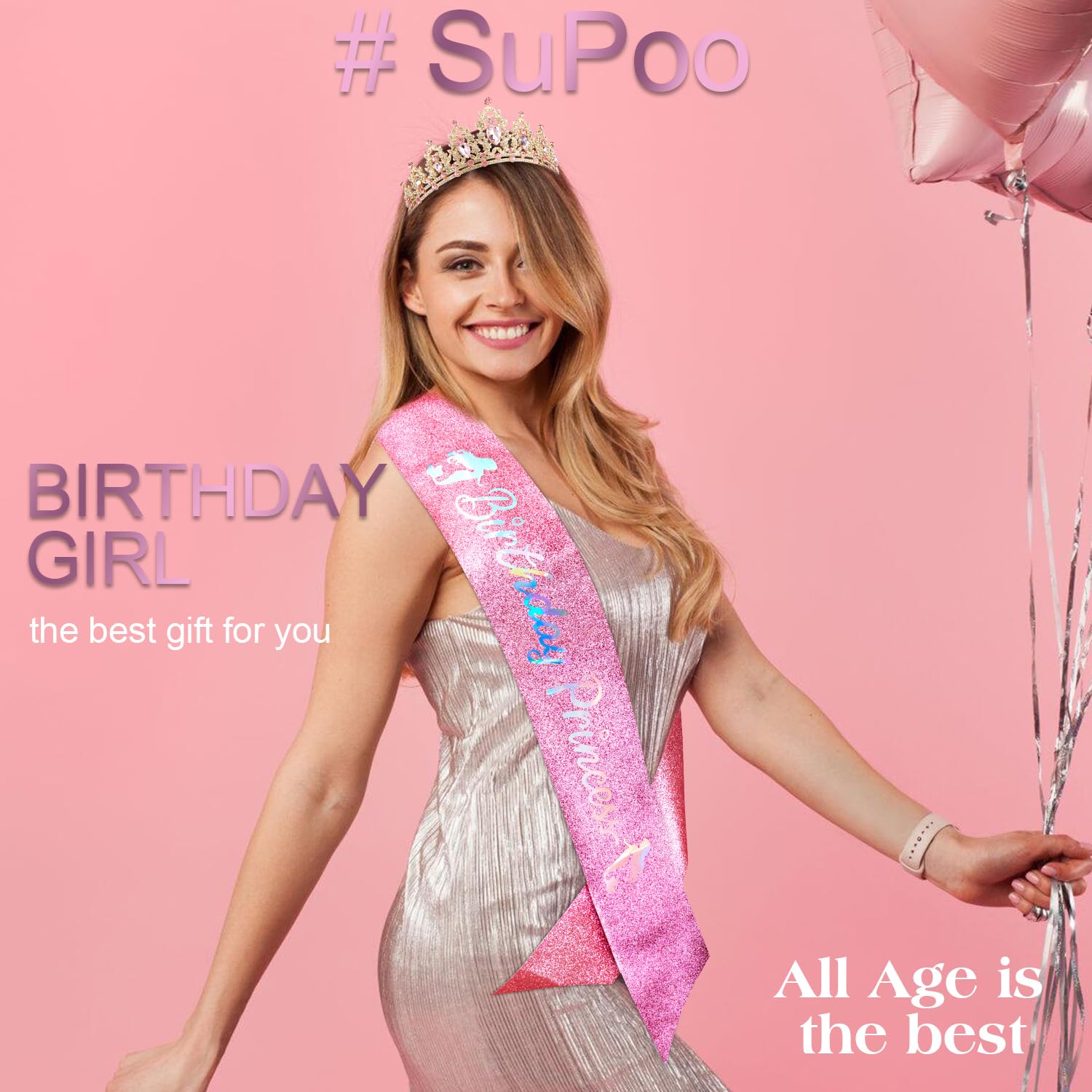 SuPoo Kit de banda y corona de cumpleaños rosa, corona de princesa, tiara de cumpleaños dorada para niña con peine banda de cumpleaños para mujeres,