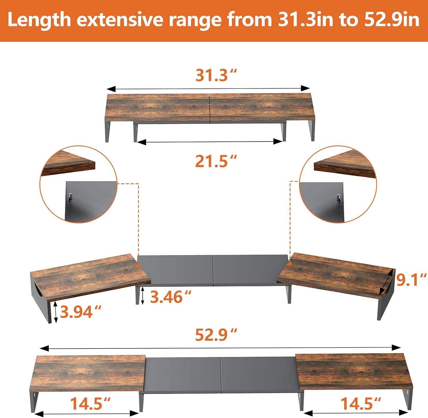 Elevador de monitor triple, elevador de monitor extra largo para 1  2  3 monitores, soporte de monitor doble con longitud y ángulo ajustable,