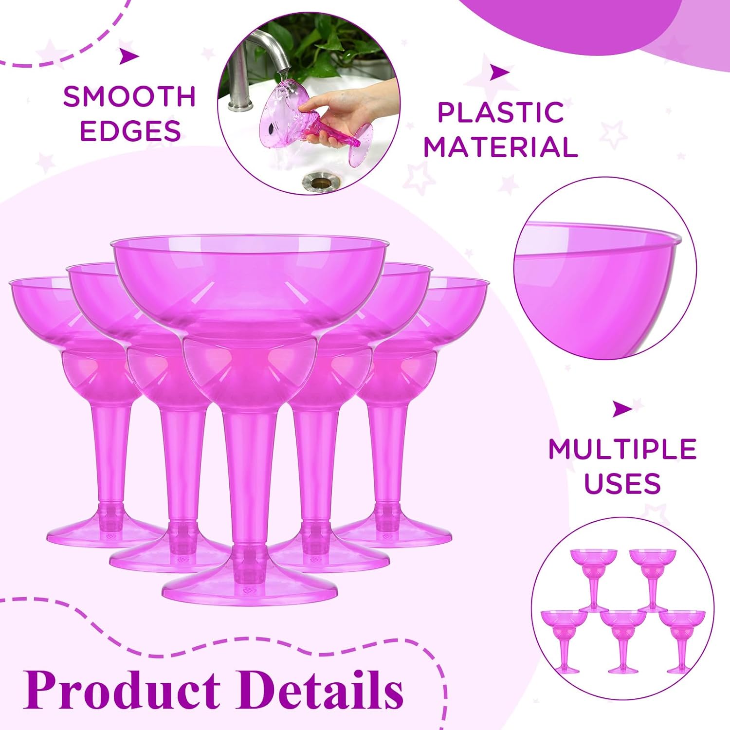 Tioncy 48 vasos desechables de margarita de plástico de 12 onzas, tazas de cóctel de neón, decoración de fiesta, vasos de martini transparentes a