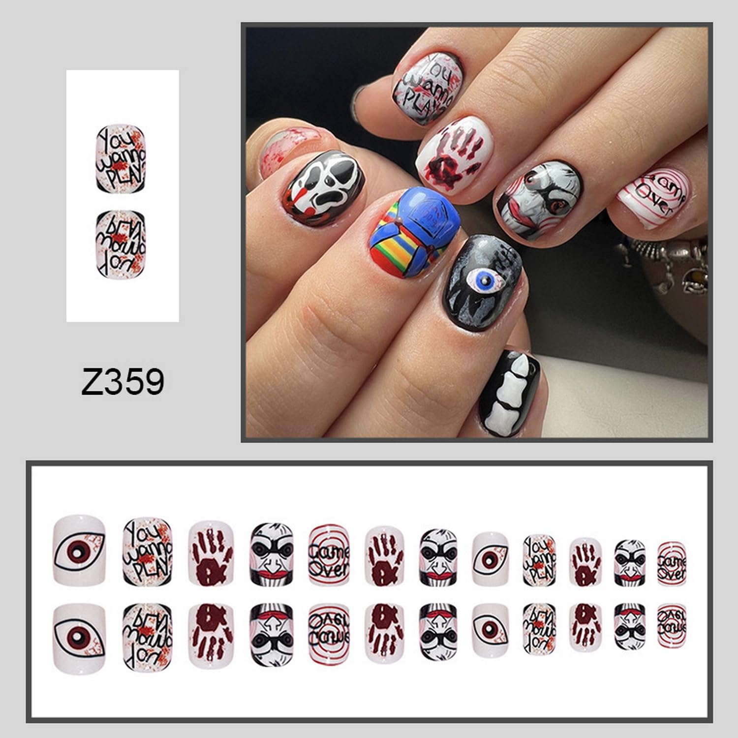 Uñas postizas cortas a presión de Halloween, con cara aterradora, payaso ciclopia, diseños de palmeras terribles, uñas postizas cuadradas góticas