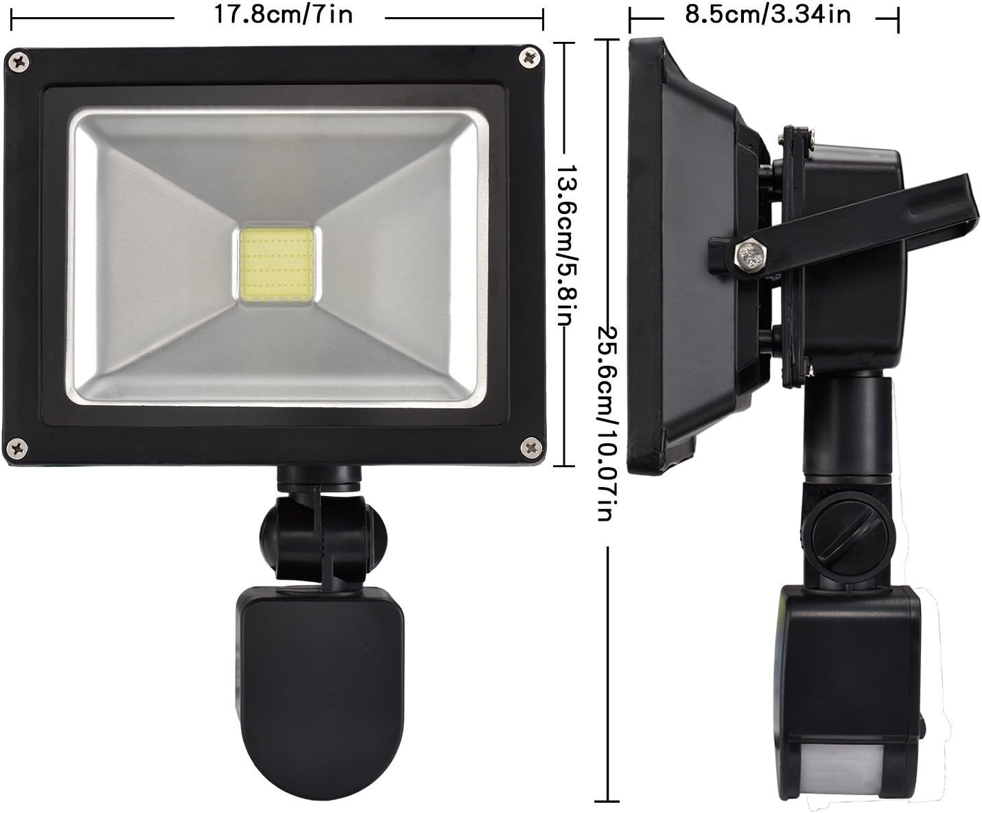 Luces de inundación LED con sensor de movimiento de 20 W para exteriores, lámpara de inducción PIR, luz inteligente, 6000 K, blanco frío,