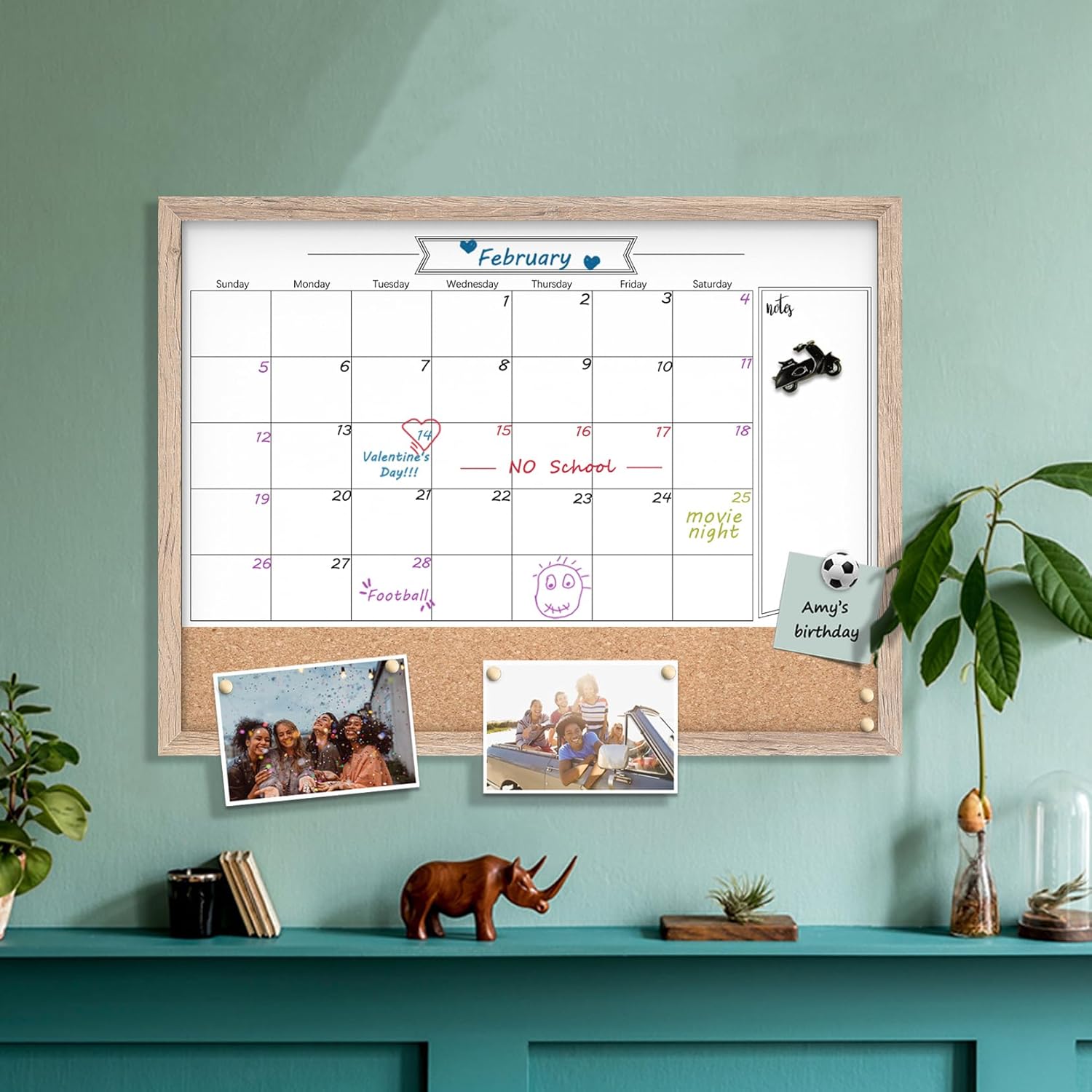 Pizarra blanca con calendario y corcho, 18 x 24 pulgadas, pizarra blanca de borrado en seco y tablón de anuncios, calendario de marco marrón