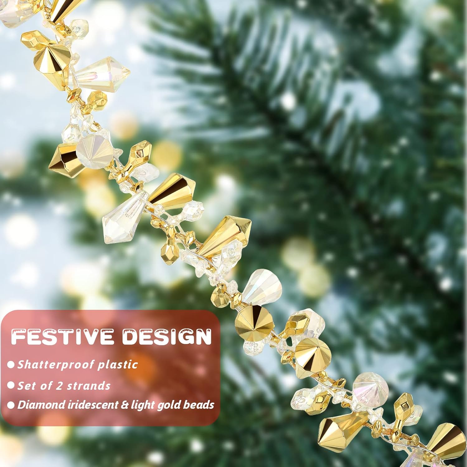 Guirnalda de cuentas de Navidad transparente iridiscente y dorada, cadena grande para árbol de Navidad, guirnalda de cuentas colgantes para