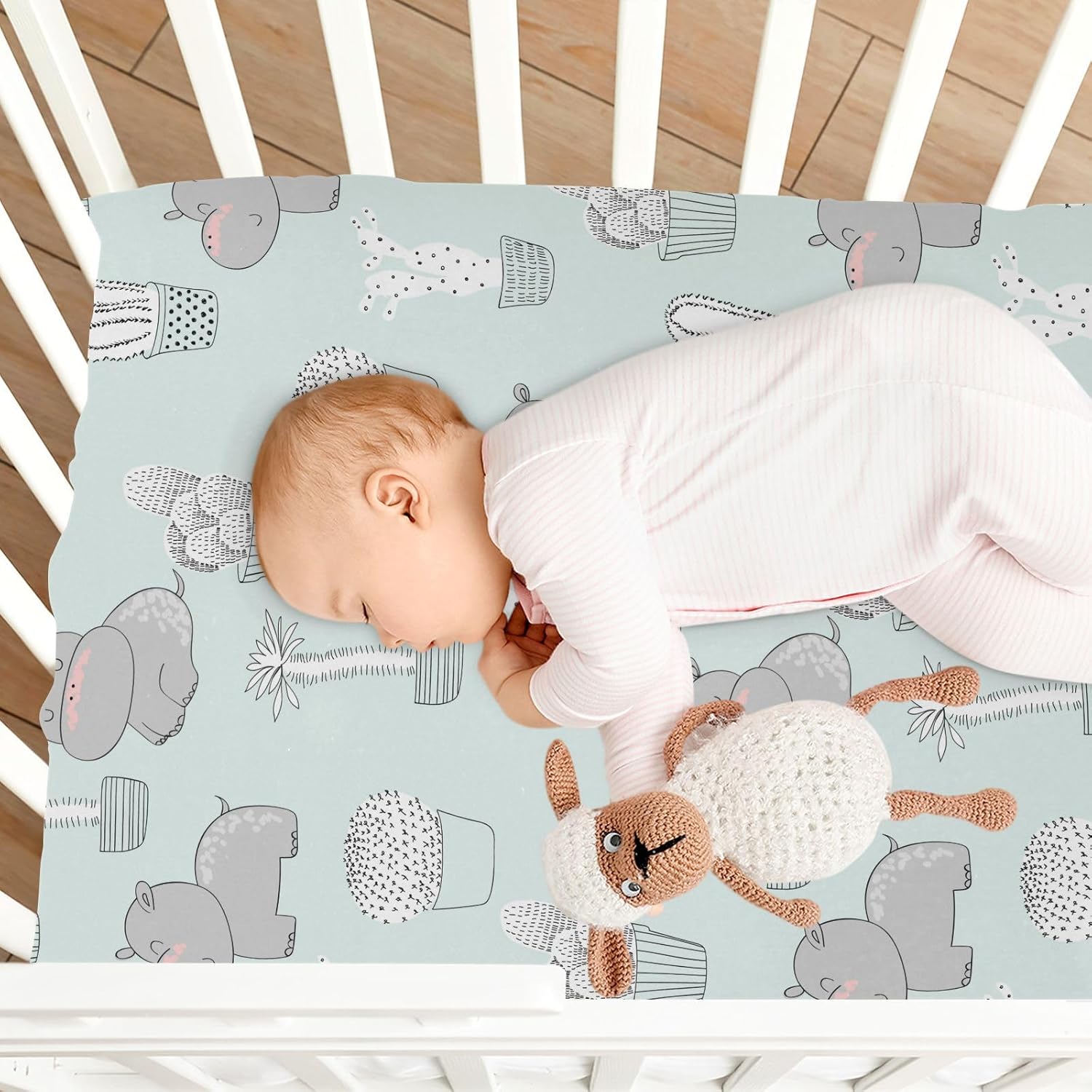 Caikeny Sábana bajera ajustable para cuna para niños y niñas, diseño de cactus, hipopótamos para cuna, sábanas para cuna para niños pequeños, recién
