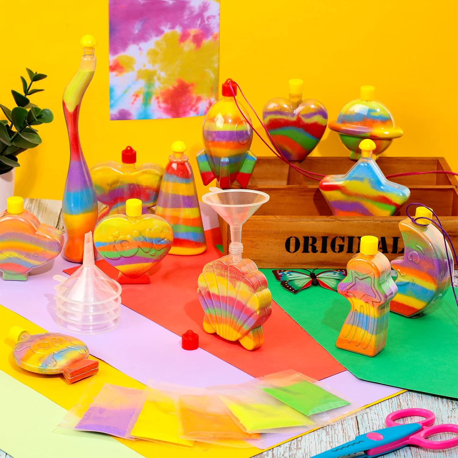 Kits de arte de arena para niños, incluye 182 bolsas de arena de colores, 26 botellas de arte de arena transparente, 26 embudos, crea tus propias