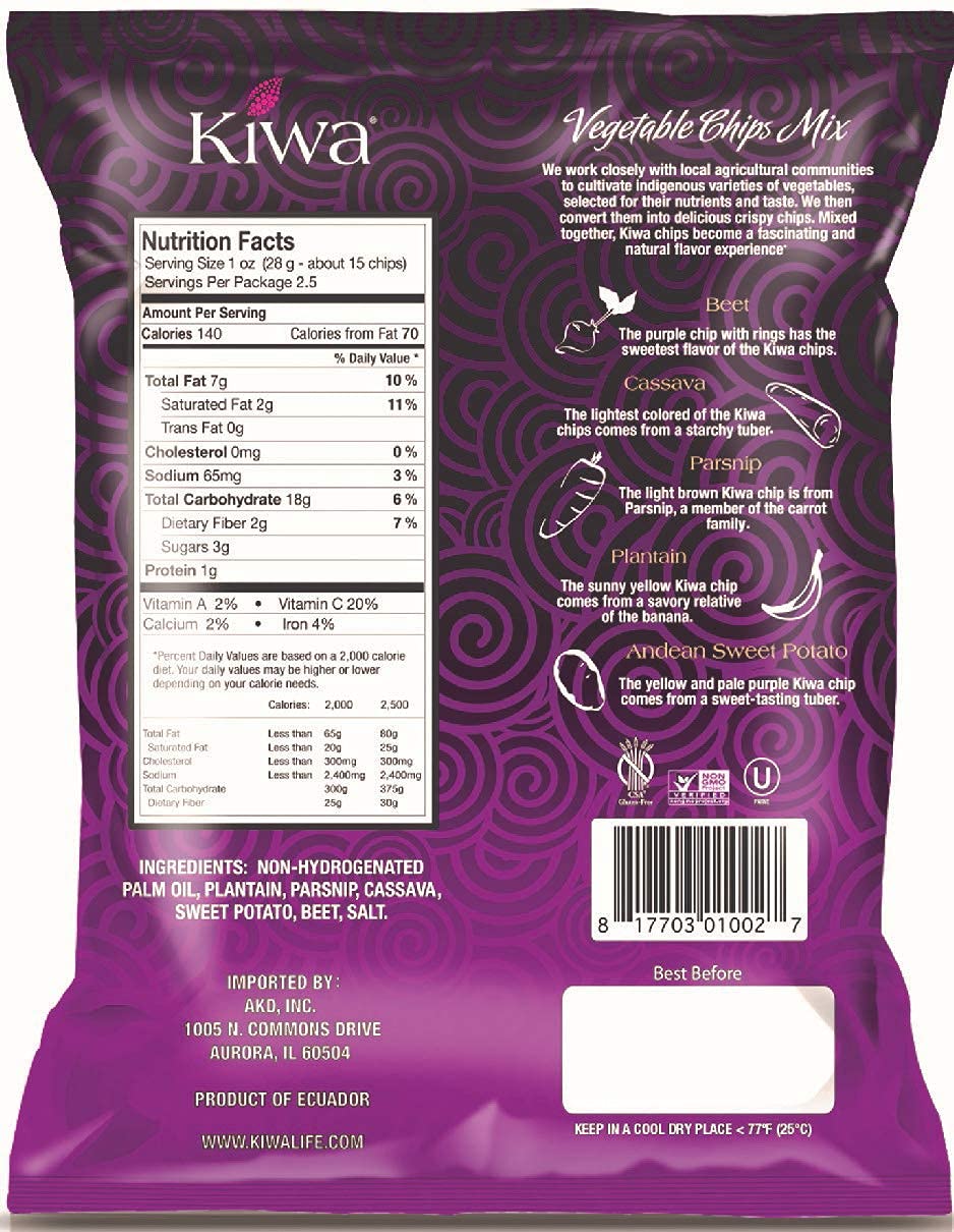Kiwa Chips vegetales  Mezcla de patatas fritas de mandioca, plátano, remolacha, batata, chirivía (6 paquetes de bolsas individuales de 2.5 onzas)
