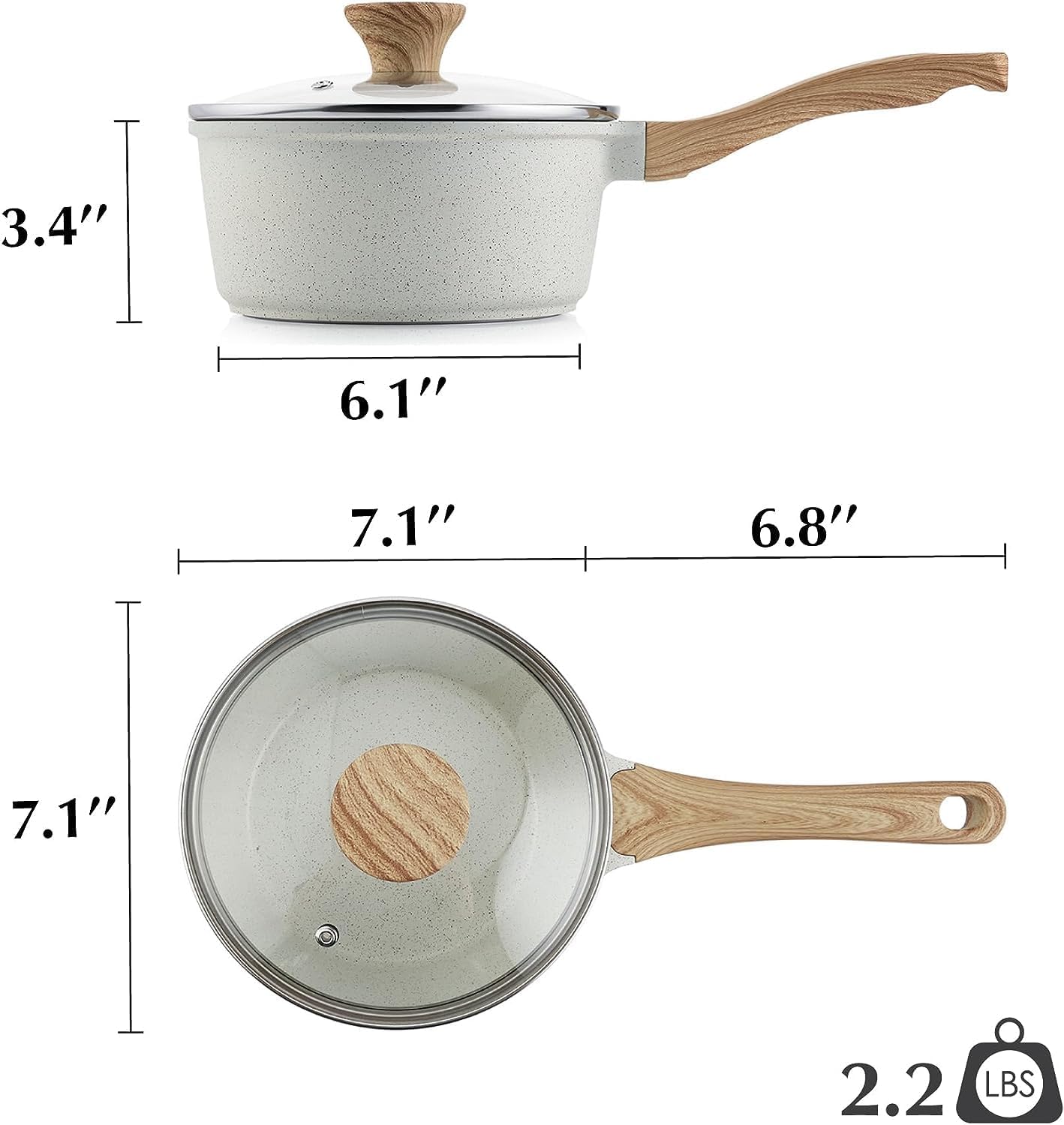 SENSARTE Cacerola antiadherente de cerámica blanca con tapa, juego de 2+2.5 cuartos de galón, olla mediana con mango Stay Cool, cacerola compatible