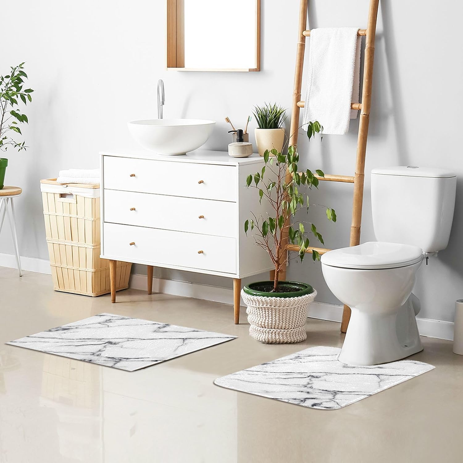 ALAZA Alfombra de baño con textura de mármol blanco en forma de U para baño, alfombra de contorno, esponjosa y absorbente, absorbente y lavable a