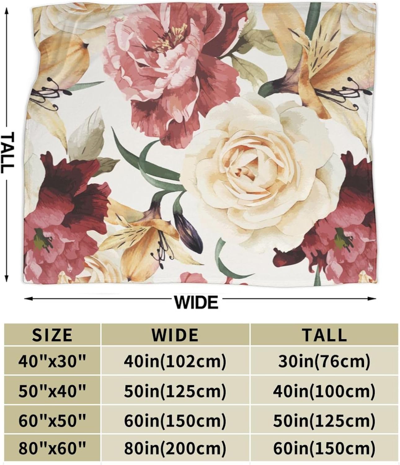 Manta de cama con diseño floral de rosas en acuarela, ultra suave, para todas las estaciones, cálida, ligera, acogedora manta de felpa para el