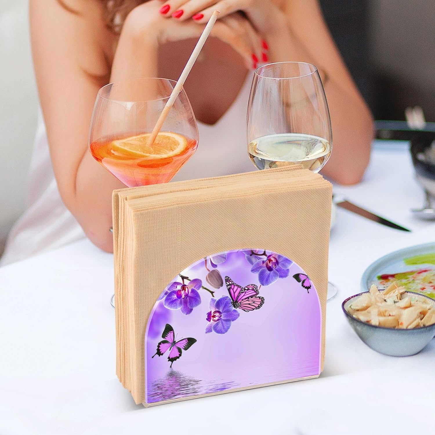 Servilletero para mesa con diseño floral de mariposa acrílica, soporte de servilleta de papel, soporte de mesa independiente para cocina,