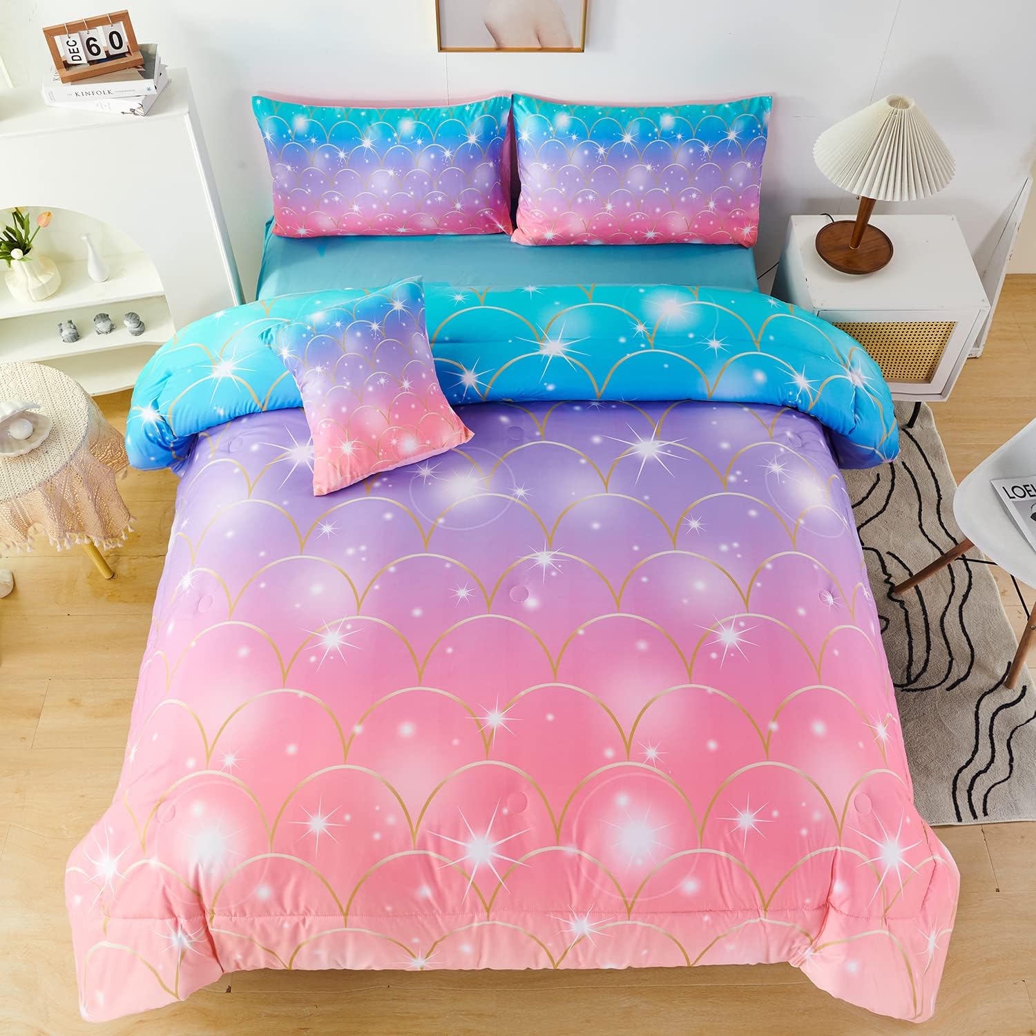 PERFEMET Juego de edredón de tamaño matrimonial con estampado de sirena para niñas, juego de ropa de cama colorido de teñido anudado para niñas