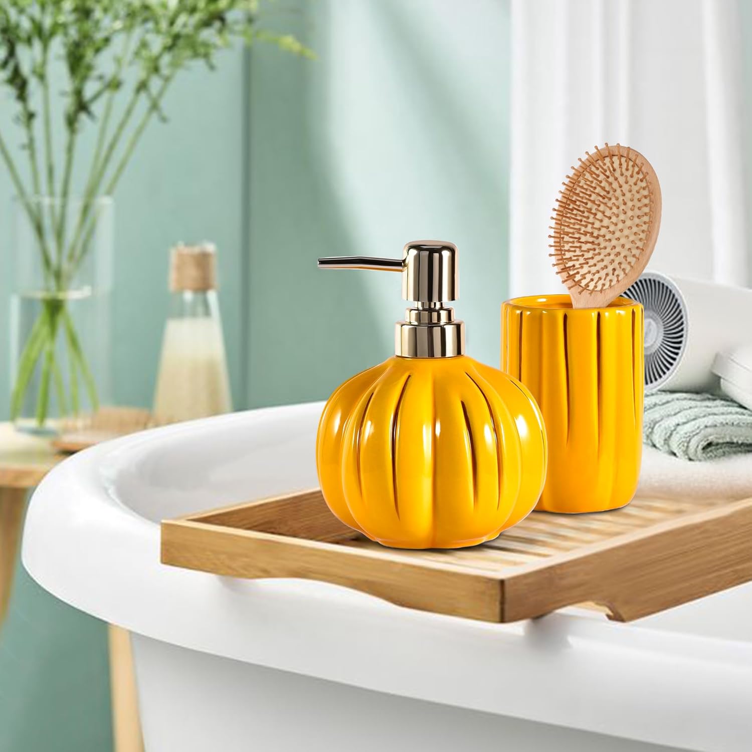 Juego de accesorios de baño de cerámica de 3 piezas, juego de accesorios decorativos para encimera de baño, forma de calabaza, amarillo