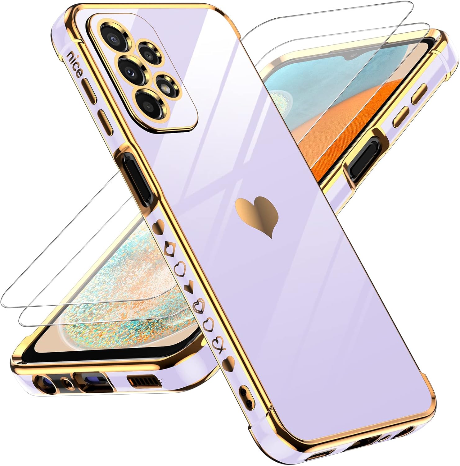 LeYi Funda para Samsung A23 5G con protector de pantalla 2 piezas + protección completa de la cámara, diseño femenino de corazón chapado en corazón,