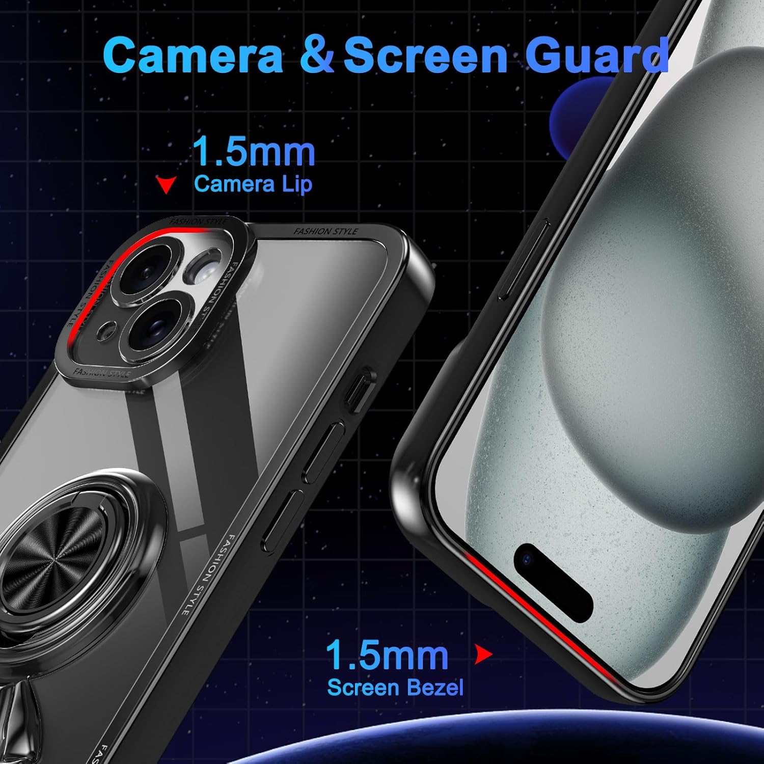 LONTECT Funda para iPhone 15 Plus a prueba de golpes, protección de cuerpo completo, soporte de anillo de astronautas, delgada y transparente,