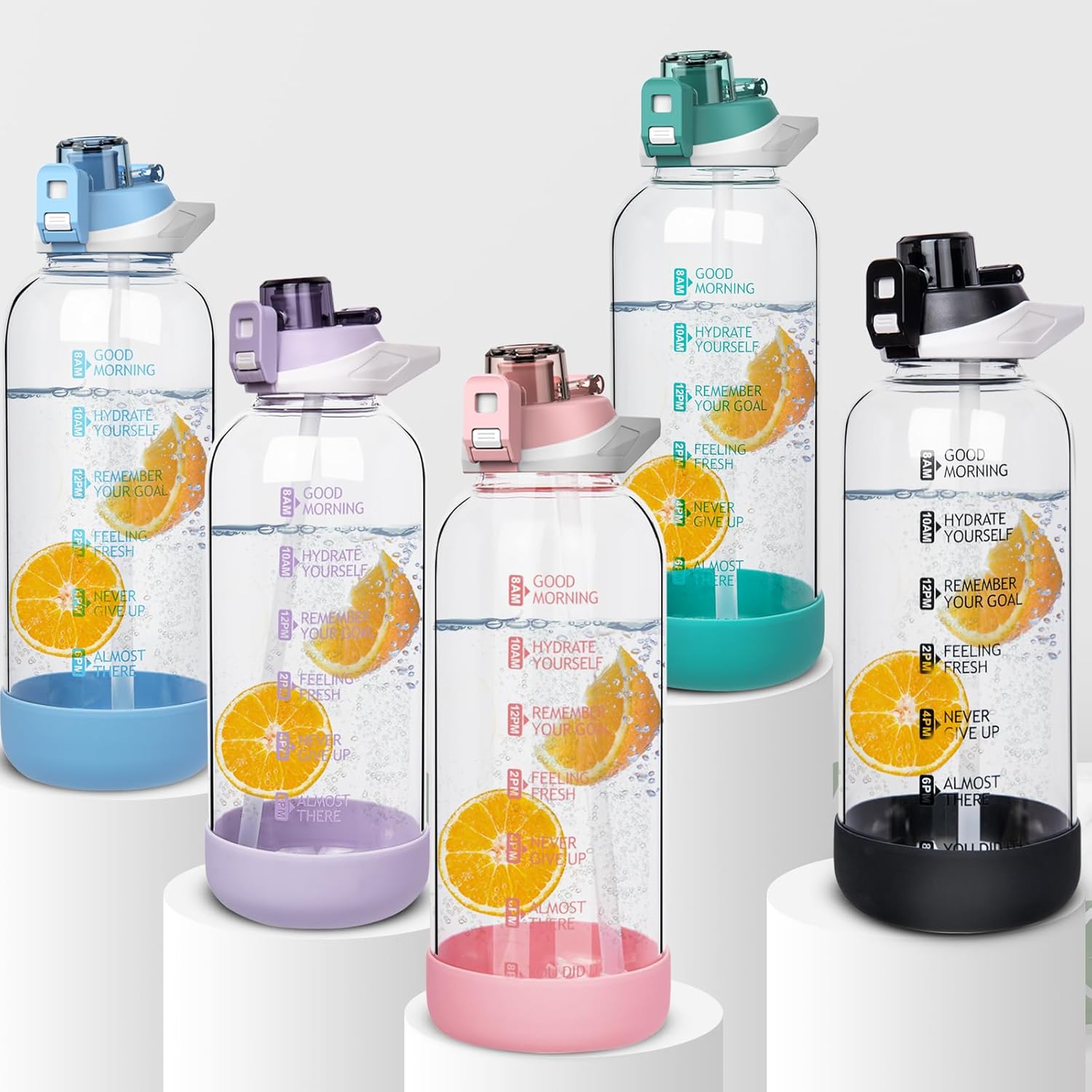 Botella de agua deportiva grande de 48 onzas con popote y marcador de tiempo, botella de vidrio motivacional para uso diario con correa para agua