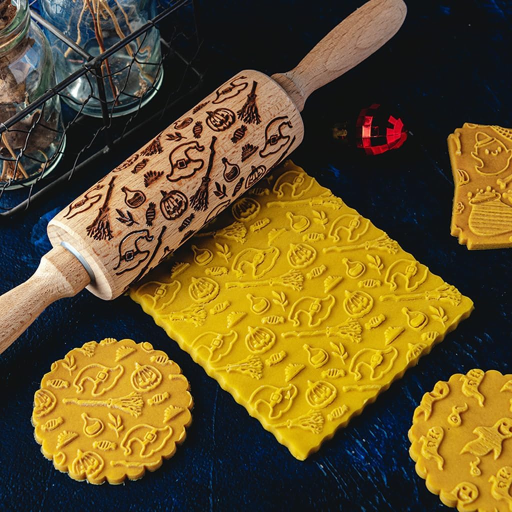 Rodillo en relieve de Halloween para galletas, rodillos de madera, diseños espeluznantes para hornear de Halloween, rodillos de madera en relieve (C)