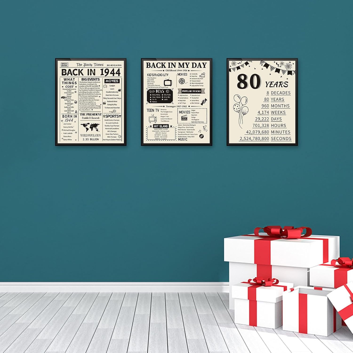 HOMANGA Decoraciones de cumpleaños n. 80 para hombres y mujeres, 3 piezas de pósteres vintage de aniversario de 80 cumpleaños, suministros de