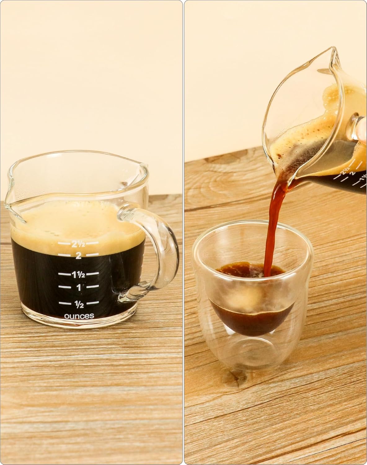 QWORK Vaso de chupito de café expreso con asa, paquete de 4 vasos medidores de vidrio de doble boquilla de 3 onzas, taza de leche triple con dos