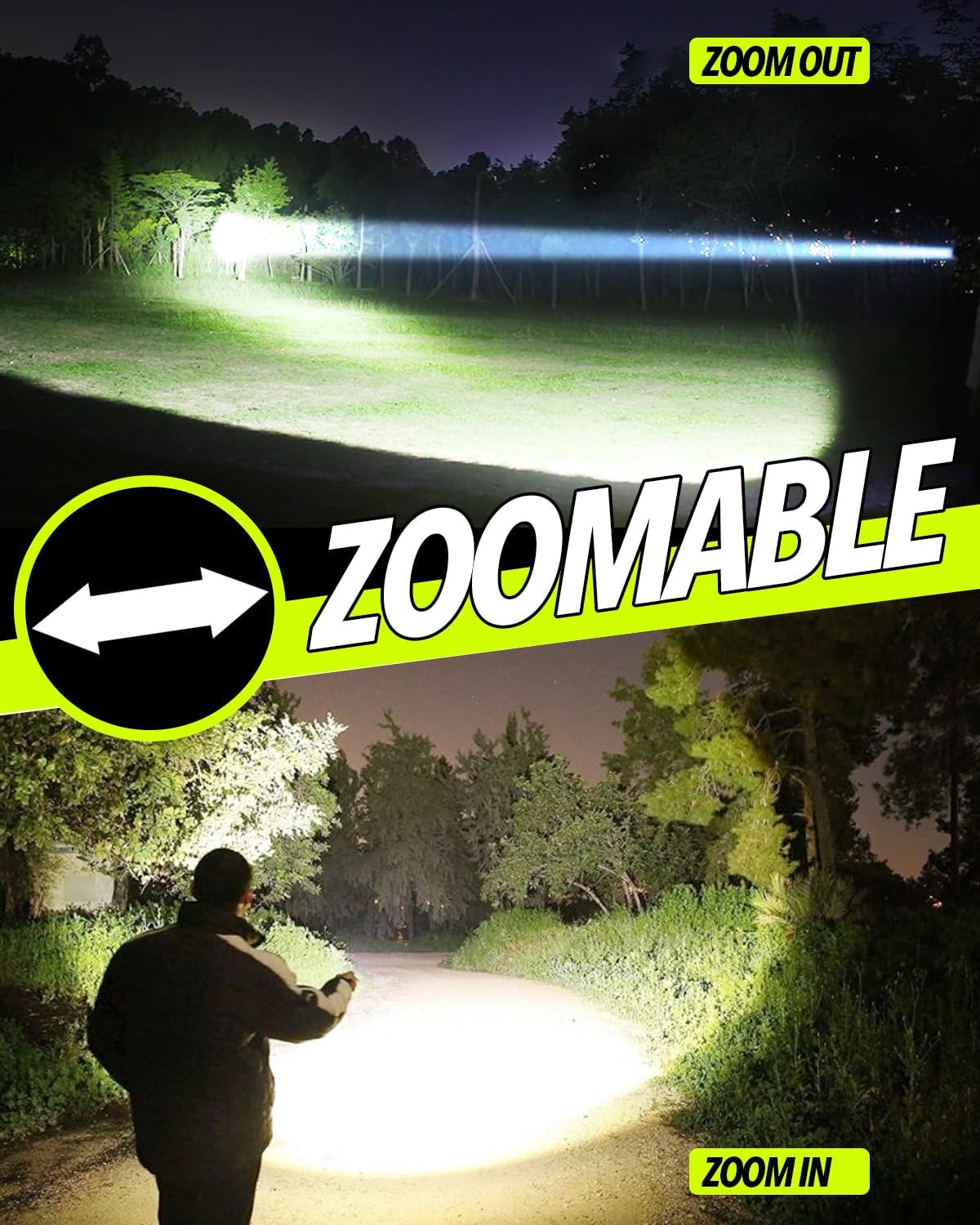 Linterna LED recargable, 30000 lúmenes altos linternas magnéticas con luz lateral de mazorca, 4,921.3 ft de largo alcance, zoom, linterna táctica