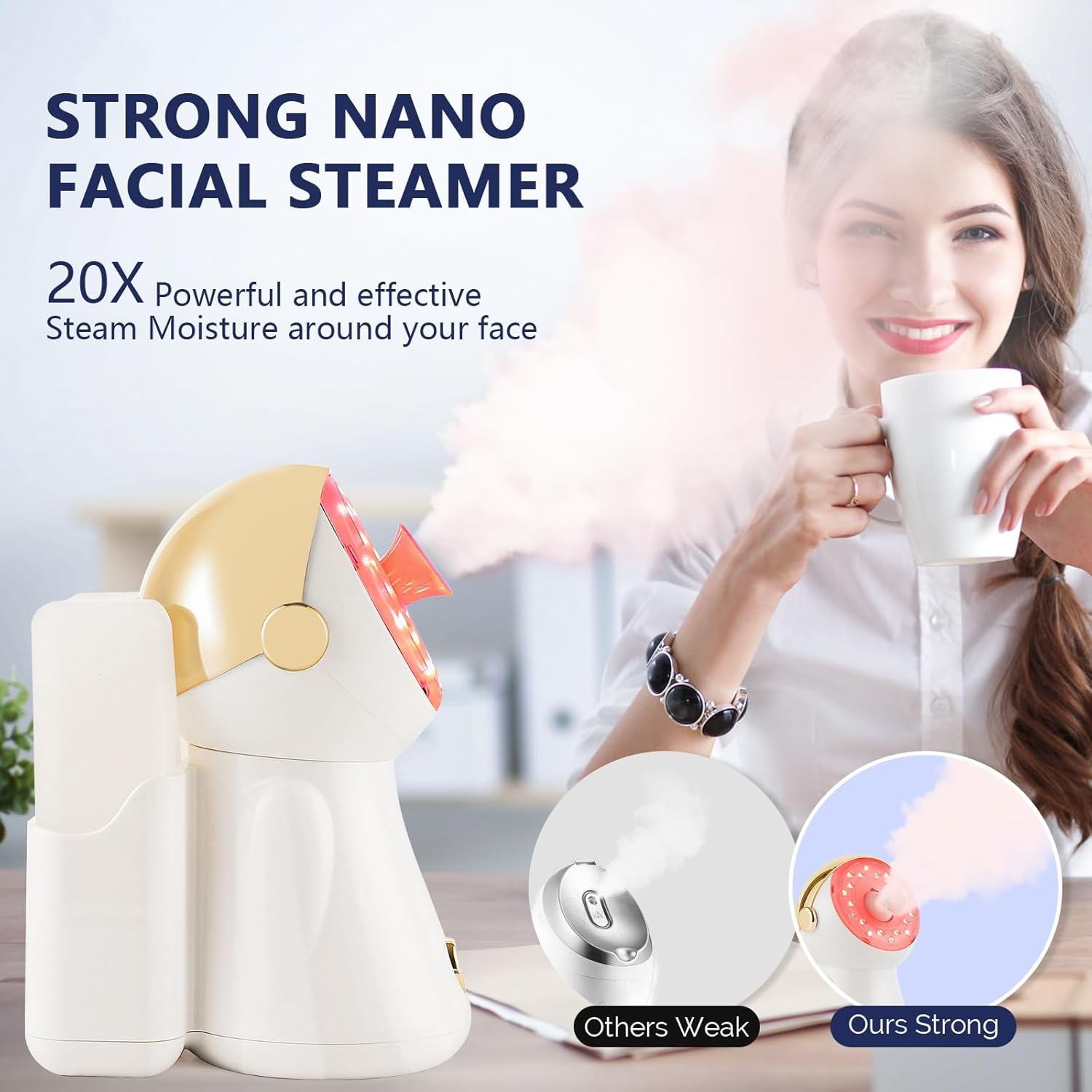 Nano Ionic 3 en 1 vapor facial de niebla caliente 12.8 fl oz, humidificador de limpieza facial profunda con luz LED para cara, rociador de sauna en
