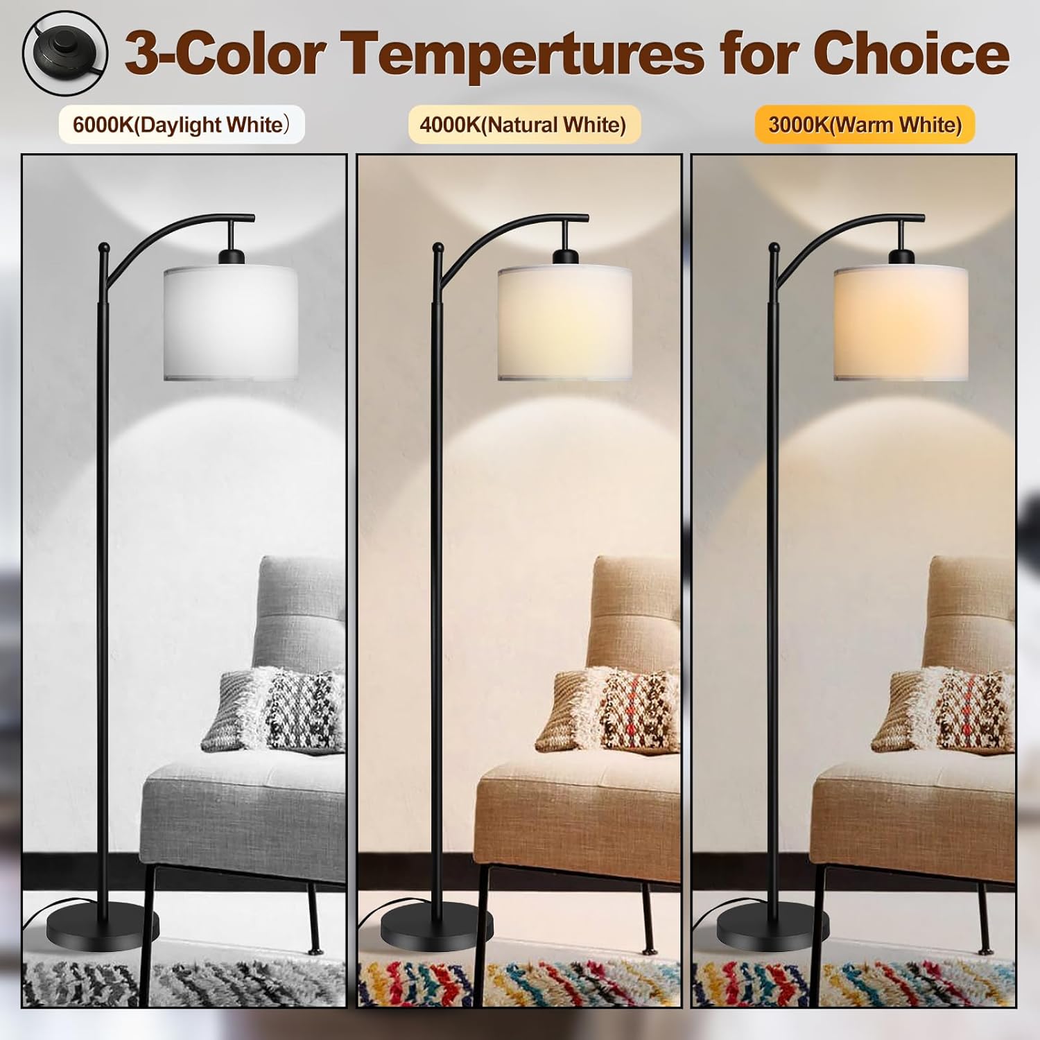 DLLT Lámpara de pie de arco con pantalla, lámpara de pie con 3 temperaturas de color, lámpara de poste alto de granja para sala de estar,