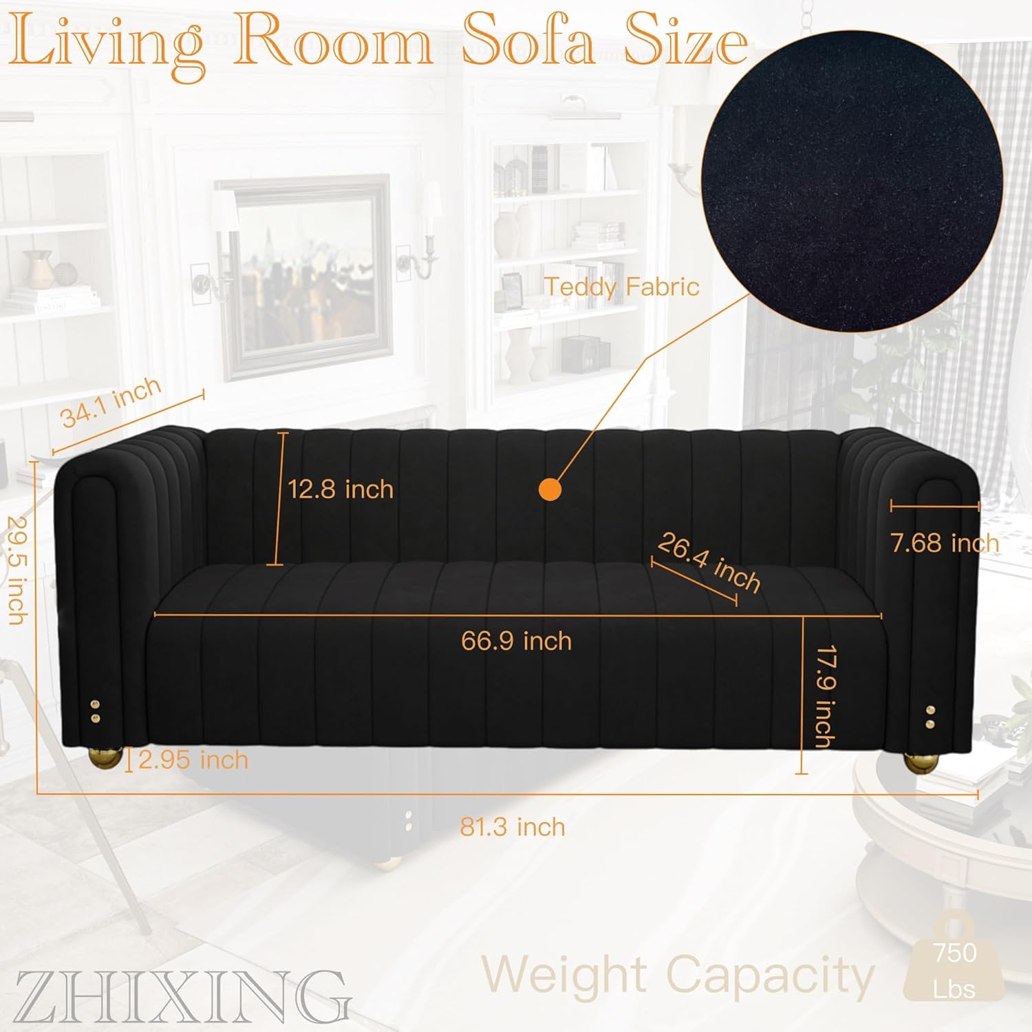 ZHIXING – Moderno sofá de terciopelo de 81.3 pulgadas para sala de estar, cómodo sofá de oficina tapizado de 3 plazas con reposabrazos altos y patas