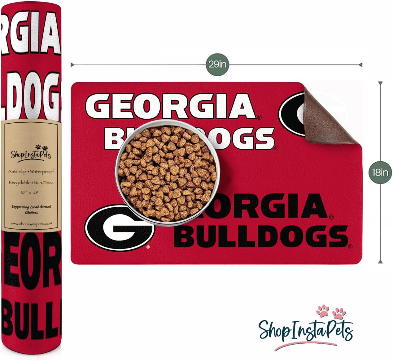Tapete con licencia oficial de la NCAA para alimentos y agua para perros y gatos, 18 x 29 pulgadas, antideslizante, resistente al agua (Georgia